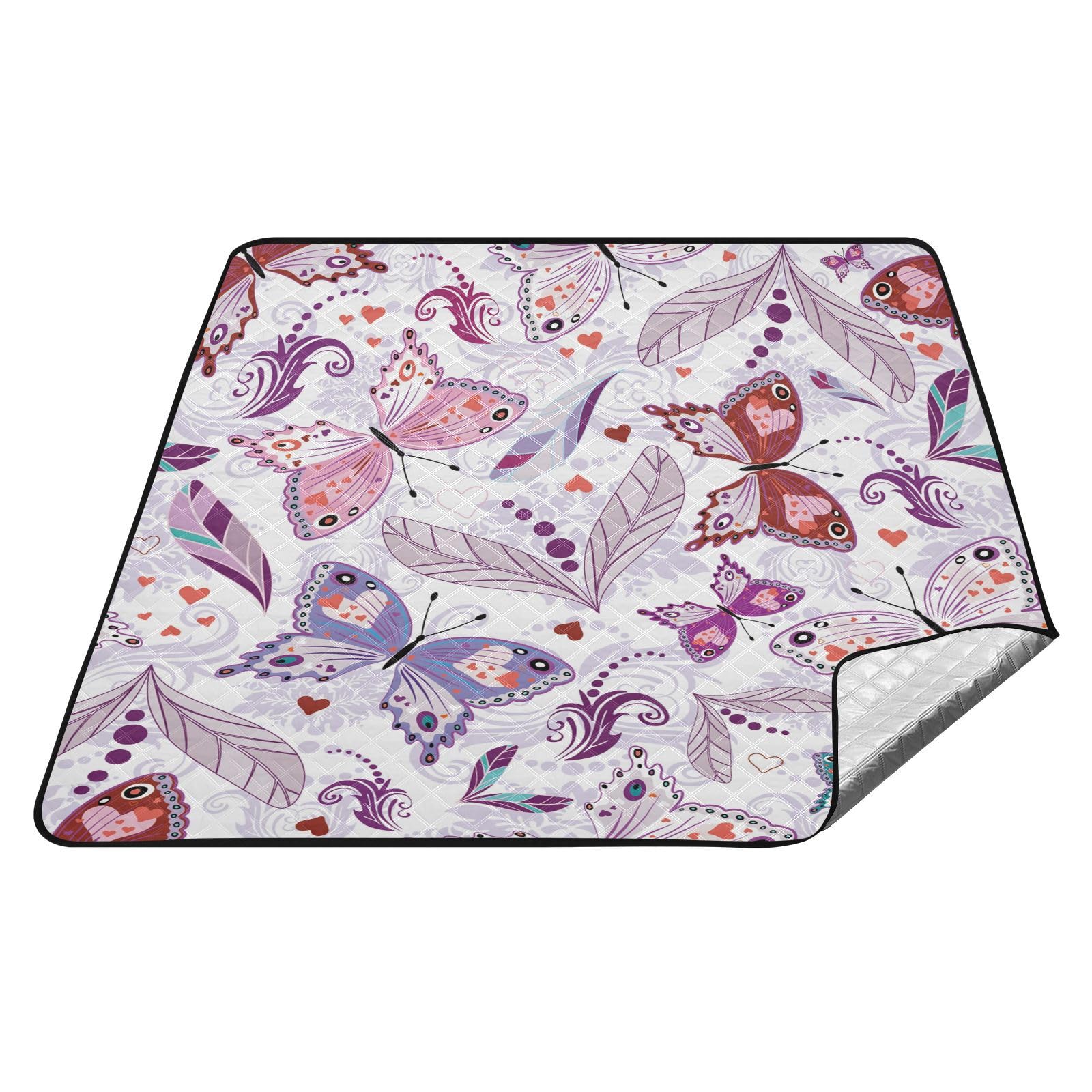 YOUJUNER Picnic Blanket 200 x 200cm Flower Butterfly Large Picnic Mat Waterproof Beach Blanket Portable Outdoor Rug Camping Mat