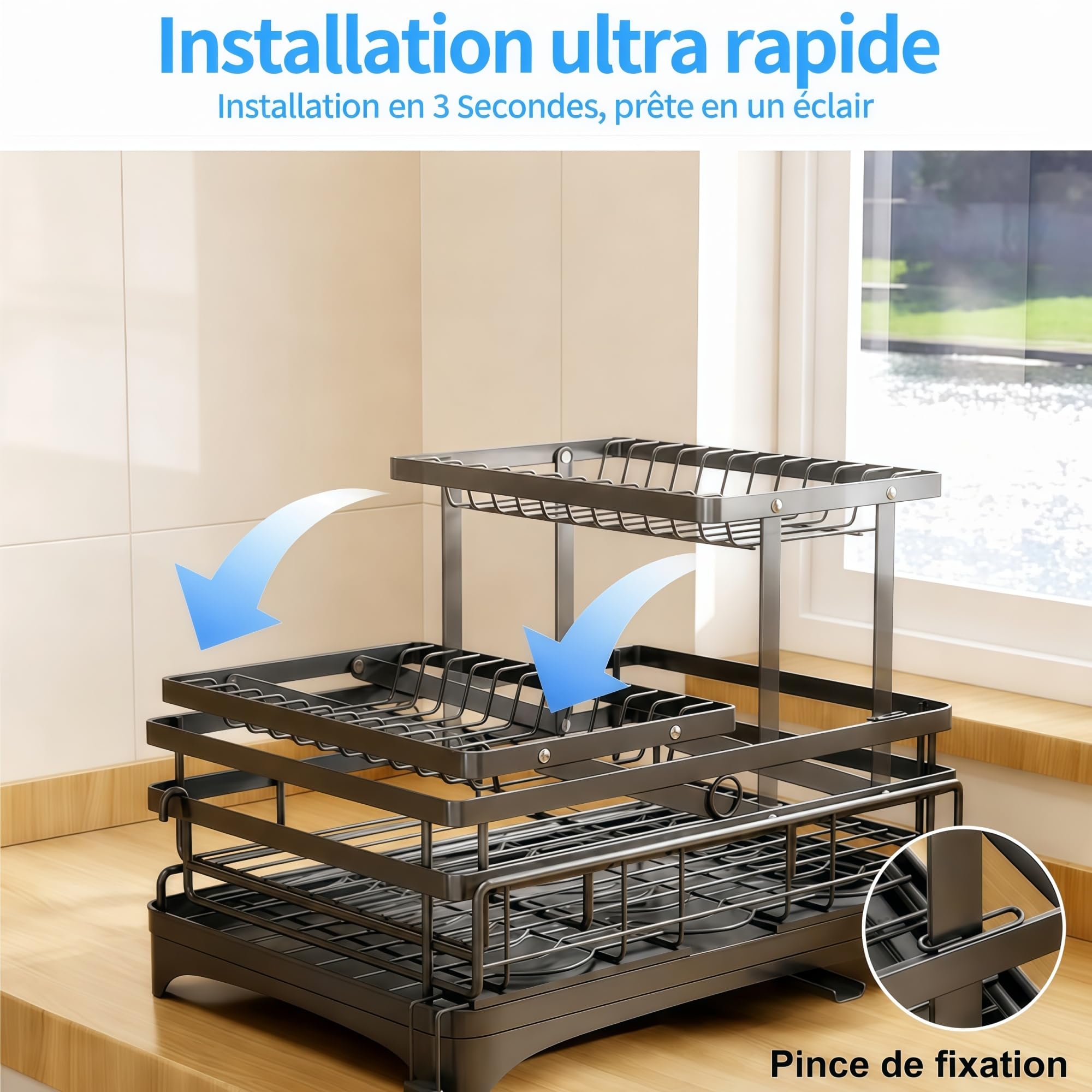 Egouttoir Vaisselle 2 Niveaux, Extensible, Grande Capacité, Noir