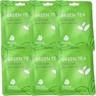 Vegan Organic Face Mask Sheet – Hydrating, Moisturizing & Brightening Skincare with Natural Ingredients for Glowing, Healthy Skin, 6 Count, Green Tea