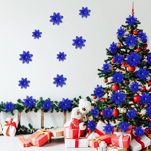 Vista 140 de 24 piezas de adorno de árbol de Navidad de Nochebuena con brillantina. Adorno de decoración de flores de Navidad. 3, 4 y 6 pulgadas / 7.62, 10.16