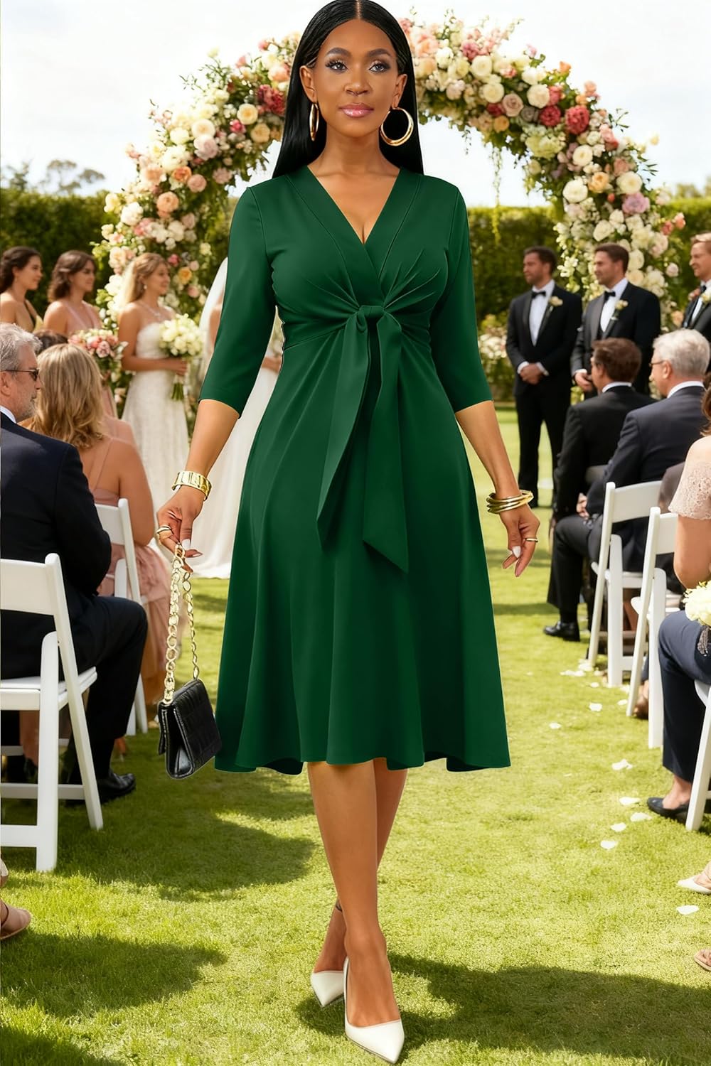 Nmoder Midi Dress for Women, V Neck Tie Front Fit and Flare Cocktail Dresses for Wedding Guest A-Line Dress with Pockets - Image 5