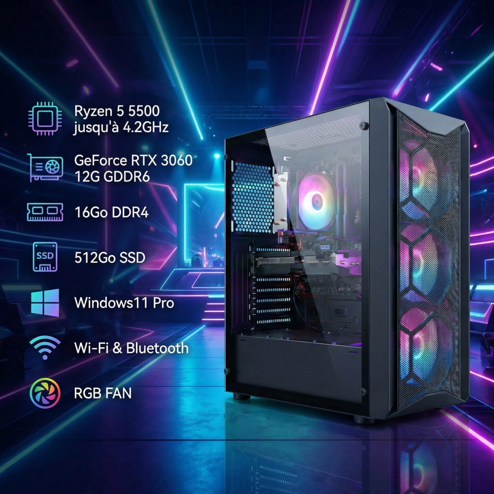 STGsivir PC Gaming, Computer desktop gaming, Ryzen 5 5500 fino a 4,2 GHz, Nvidia RTX 3060 12GB GDDR6, 16GB DDR4 RAM, 512GB SSD, WiFi 6, BT 5.0, Windows 11 Pro