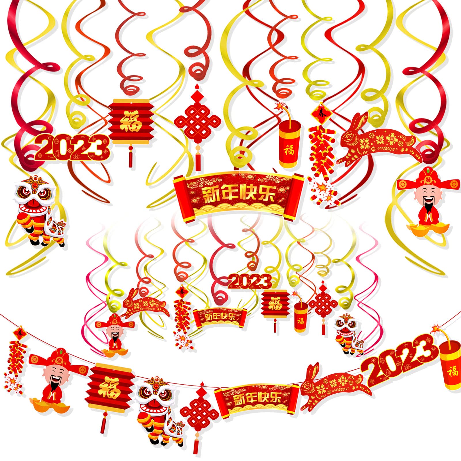 HOWAF 2023 Chinese New Year Hanging Decorations, 30pcs Red Gold Chinese