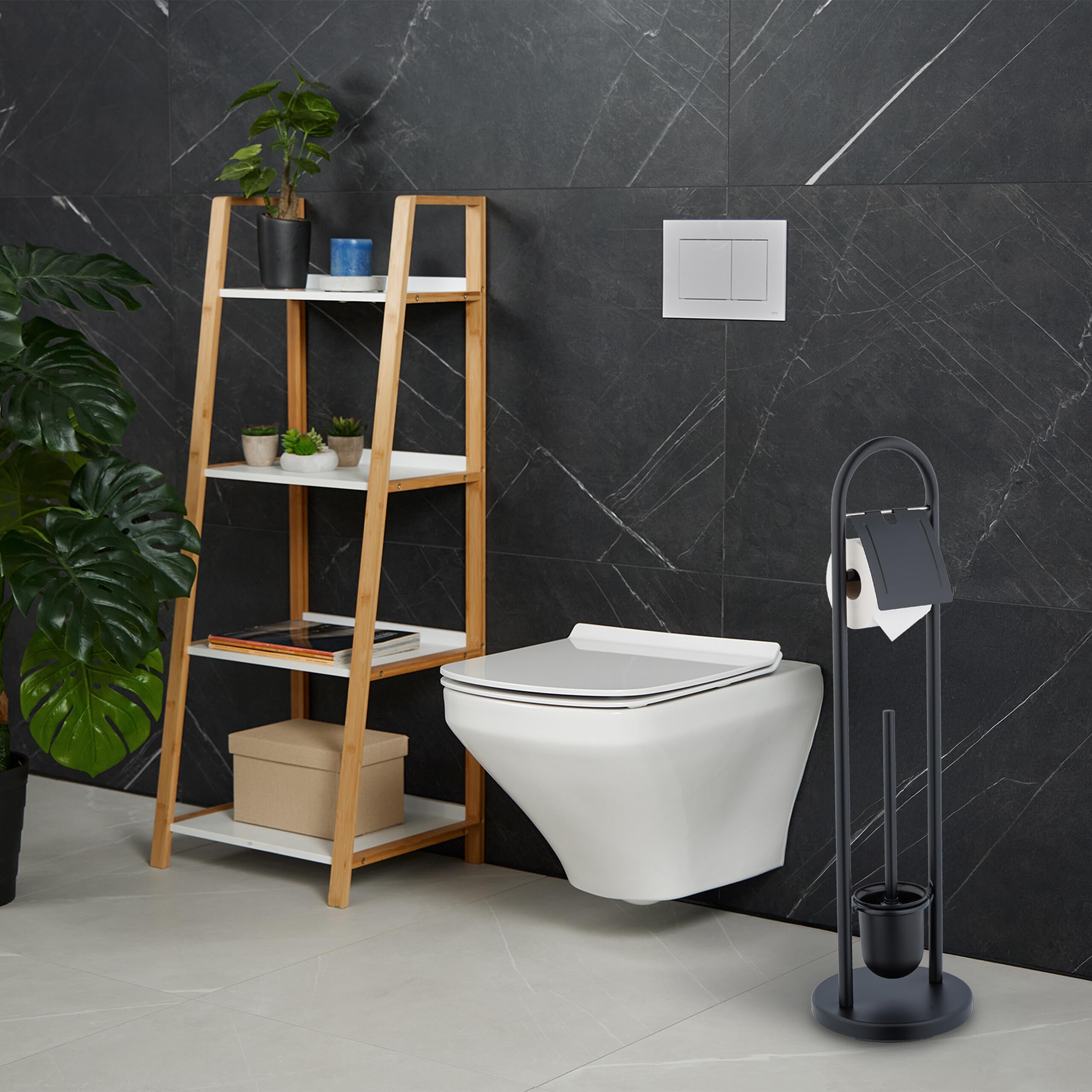 Relaxdays Escobillero y Portarrollos para Baño, Acero Inoxidable, 79 x 22 cm, Escobilla con Soporte Vertical, Negro, Plástico, Gomaespuma