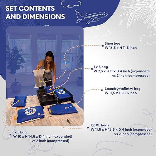 Miniatura 2 de TRAVEL INSIDE, Juego de 6 bolsas de cubo con malla transparente, organizadores de viaje ligeros para maleta, azul con zapatos y bolsa de lavandería,