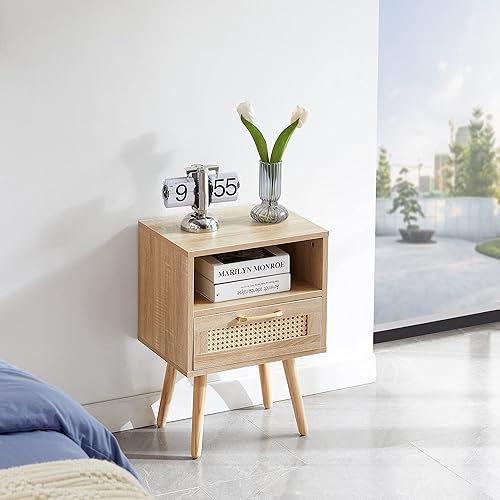 Mesa auxiliar de ratán para sala de estar, mesas auxiliares de sofá con cajón y patas de madera maciza, mesita de noche moderna, natural