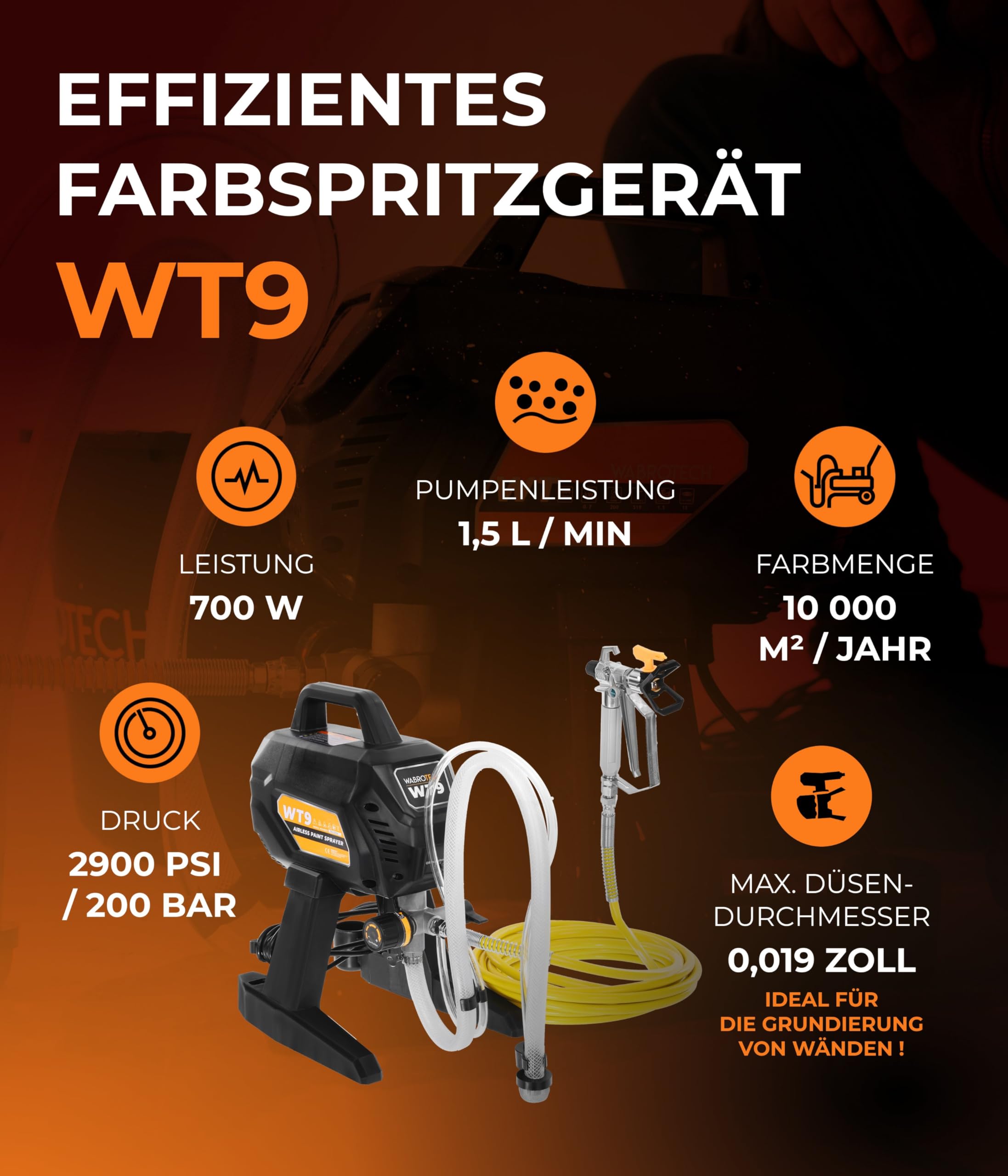 WT9 Farbsprühsystem Wandfarbe 700 W - 200 Bar Hochdruck Airless Farbsprühgerät - Airless Spritzgerät 1,5 L/min - Farbspritzgerät 10000 m2/J - Lackierpistole mit Schlauch 7,5 m - 1/4"