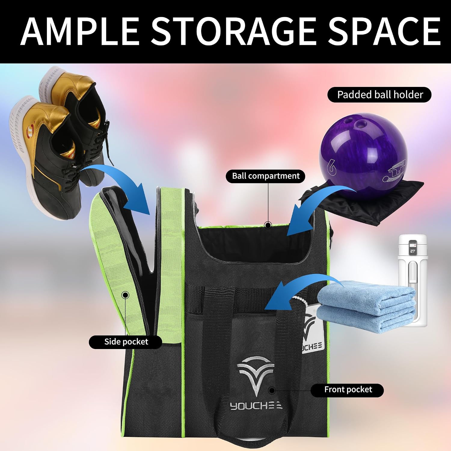Single Ball Bowling Tote Bag with Padded Ball Holder, Fits Bowling Shoes Up to Men’s Size 14, Durable Full-Size Bowling Bag with Accessory Pockets for Practice & League Play