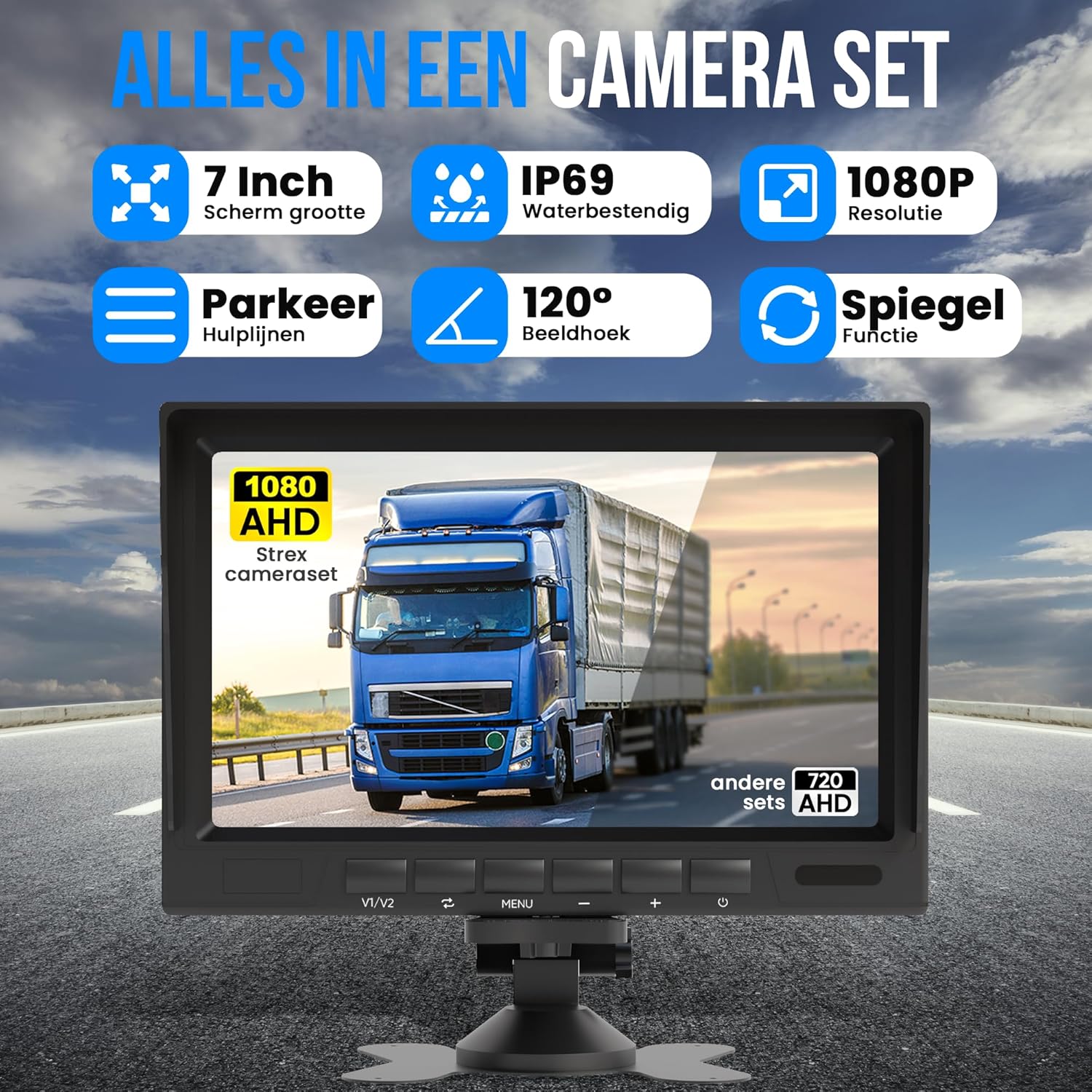 Strex Camera Set features including 7-inch screen, IP69 waterproof, 1080P resolution, parking lines, 120-degree view angle, and mirror function.