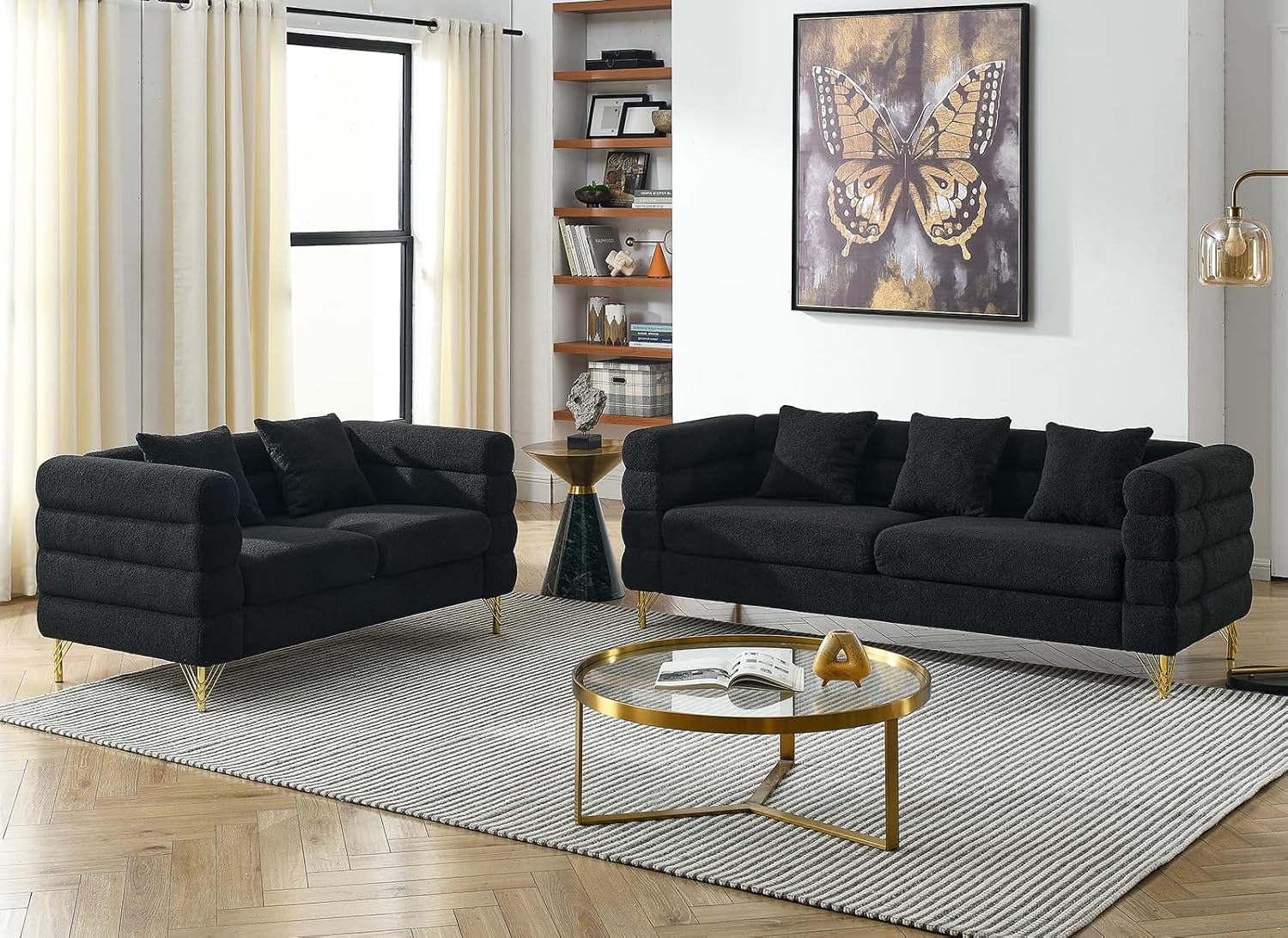 KINFFICT 2 Piece Living Room Sofa Set, Comfy Boucle Couch with Loveseat and 3 Seater, Upholstered Sofa Couch with 2 Pillows and Deep Seat Design for Office, Waiting Room, Black Teddy