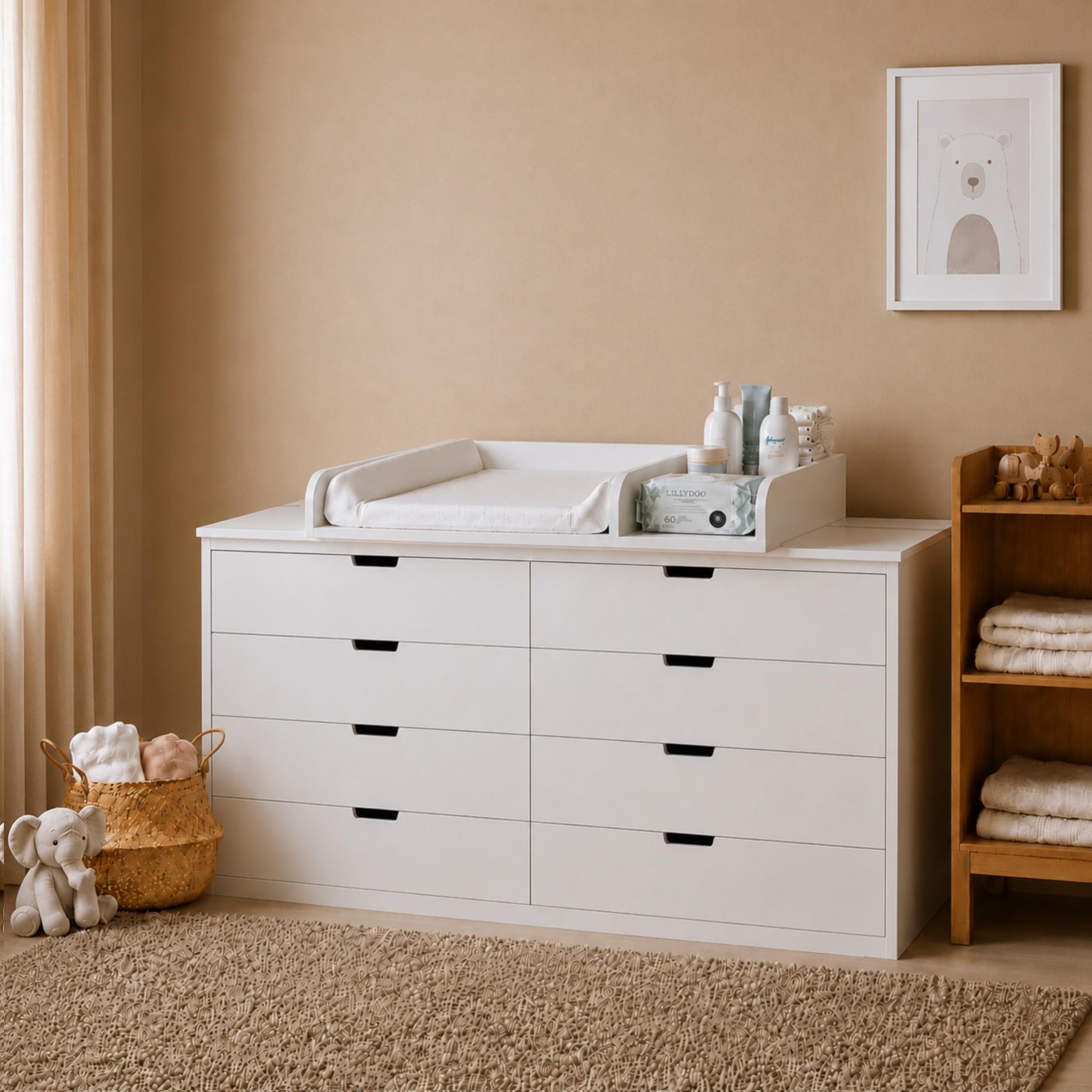 Cambiador con Compartimento y Panel 160cm, 80 x 70 cm, Blanco | Laterales Redondeados, Ajustable de 34 a 50 cm, Cambiador para Bebé, Cambiador para Cómoda