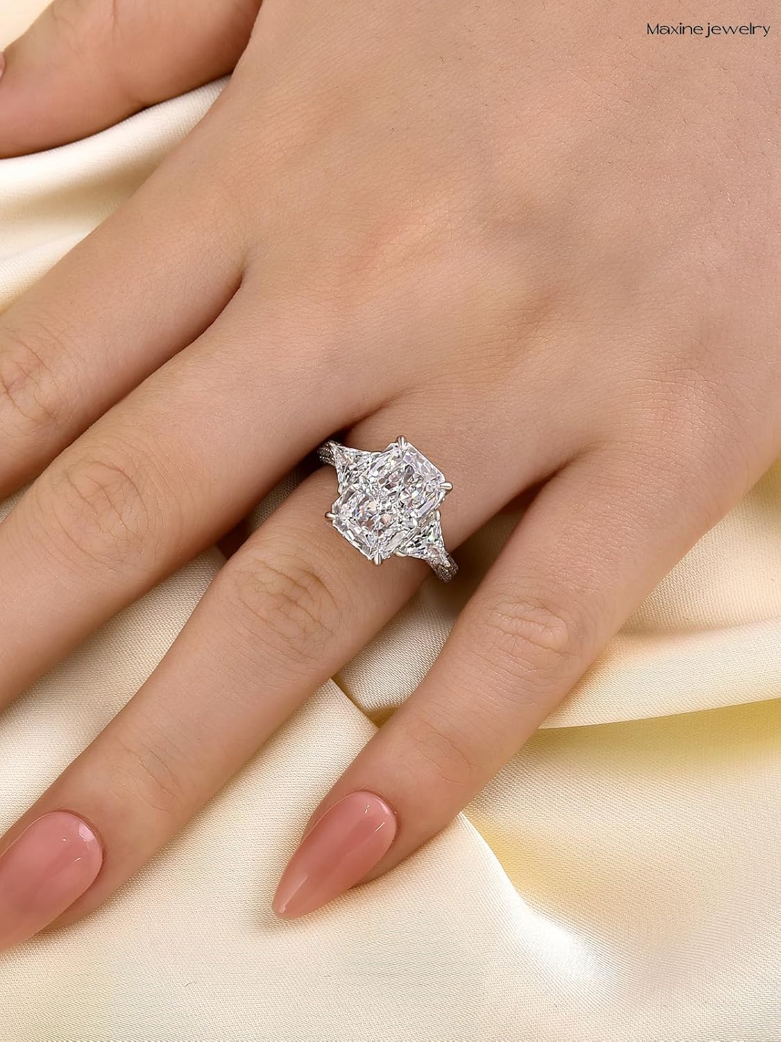 Maxinejewelry 4.5CT Radiant Cut Engagement Ring for Women, Three Stone 5A Cubic Zirconia Promise Ring in 925 Sterling Silver, Hidden Halo Anniversary Wedding Jewelry