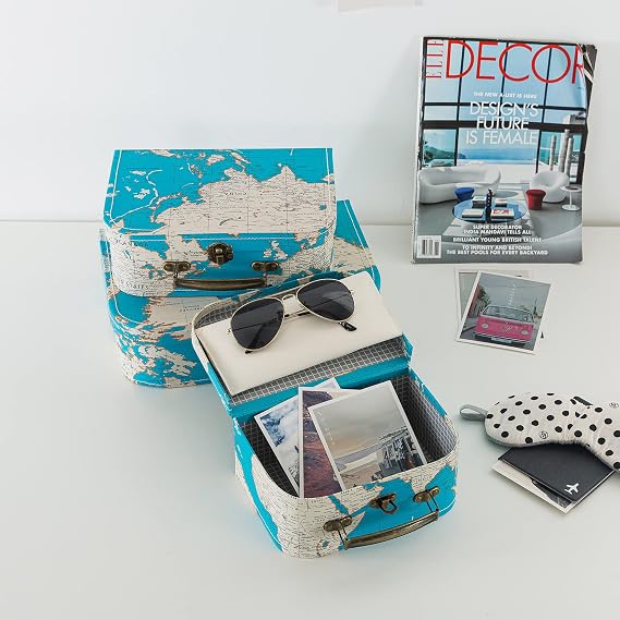 Cardboard Suitcase Boxes with Handle – Set of 3, Vintage Plane & Suitcase Décor, Blue World Map & Travel-Themed Boxes for Party Decorations, Paperboard Luggage Props, Decorative Storage Boxes with Lid
