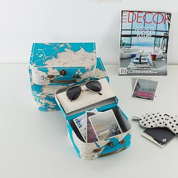 Cardboard Suitcase Boxes with Handle – Set of 3, Vintage Plane & Suitcase Décor, Blue World Map & Travel-Themed Boxes for Party Decorations, Paperboard Luggage Props, Decorative Storage Boxes with Lid