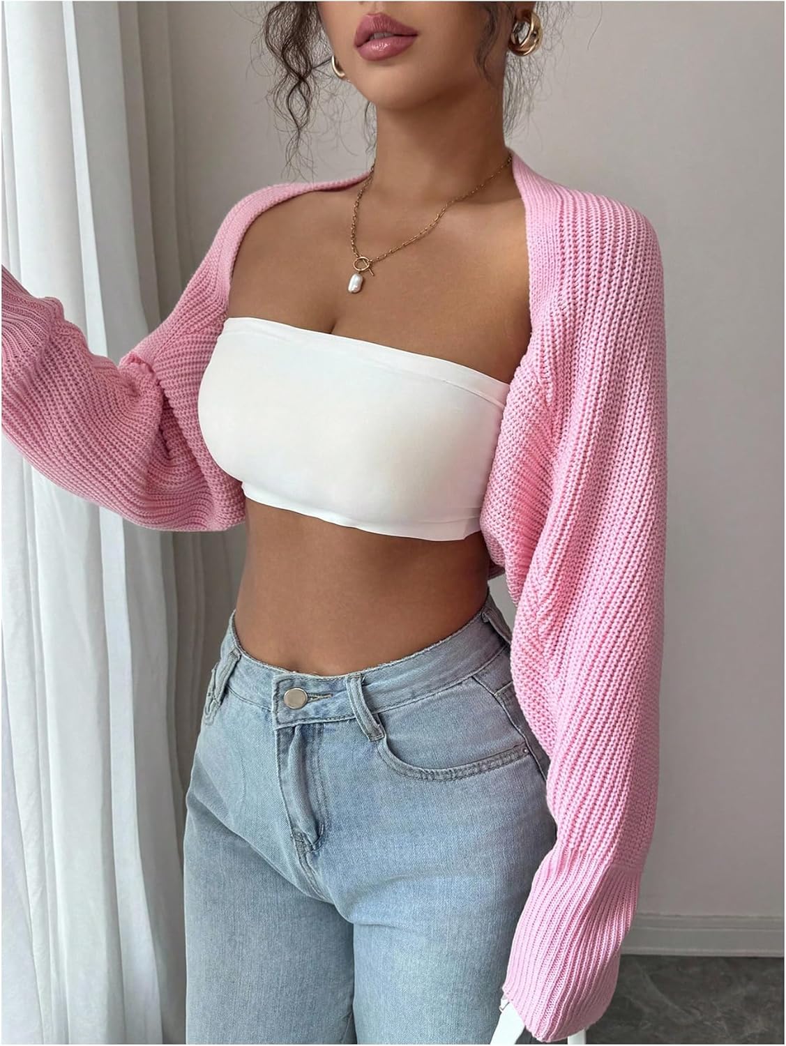 Floerns Women's Long Sleeve Cropped Cardigan Bolero Shrug Open Front Knitted Sweater - Image 4