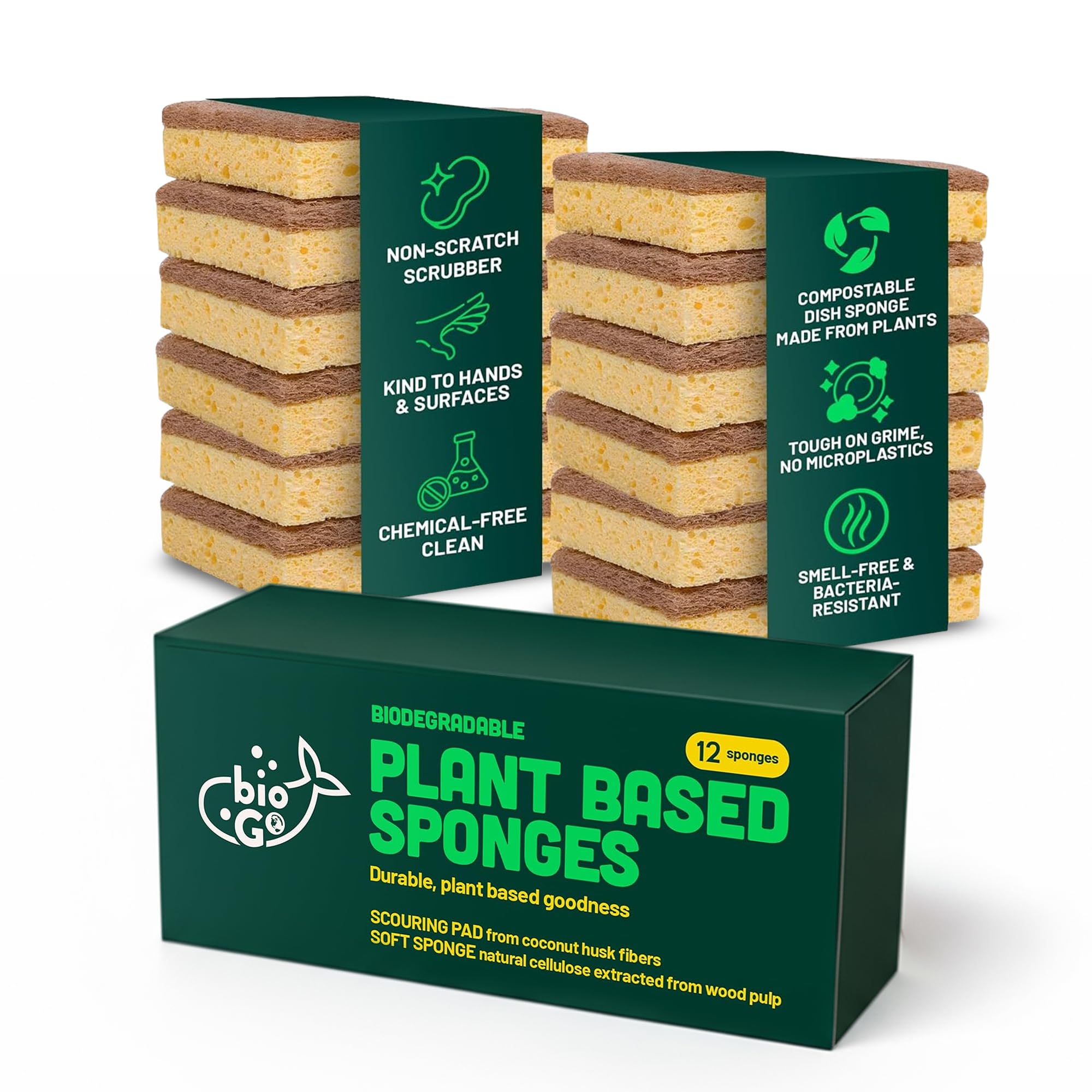 bioGo 12 Pack Natural Biodegradable Kitchen Sponges - Eco-Friendly, Compostable, Cellulose Dish - Compostable - Biodegradable - Cellulose Sponge