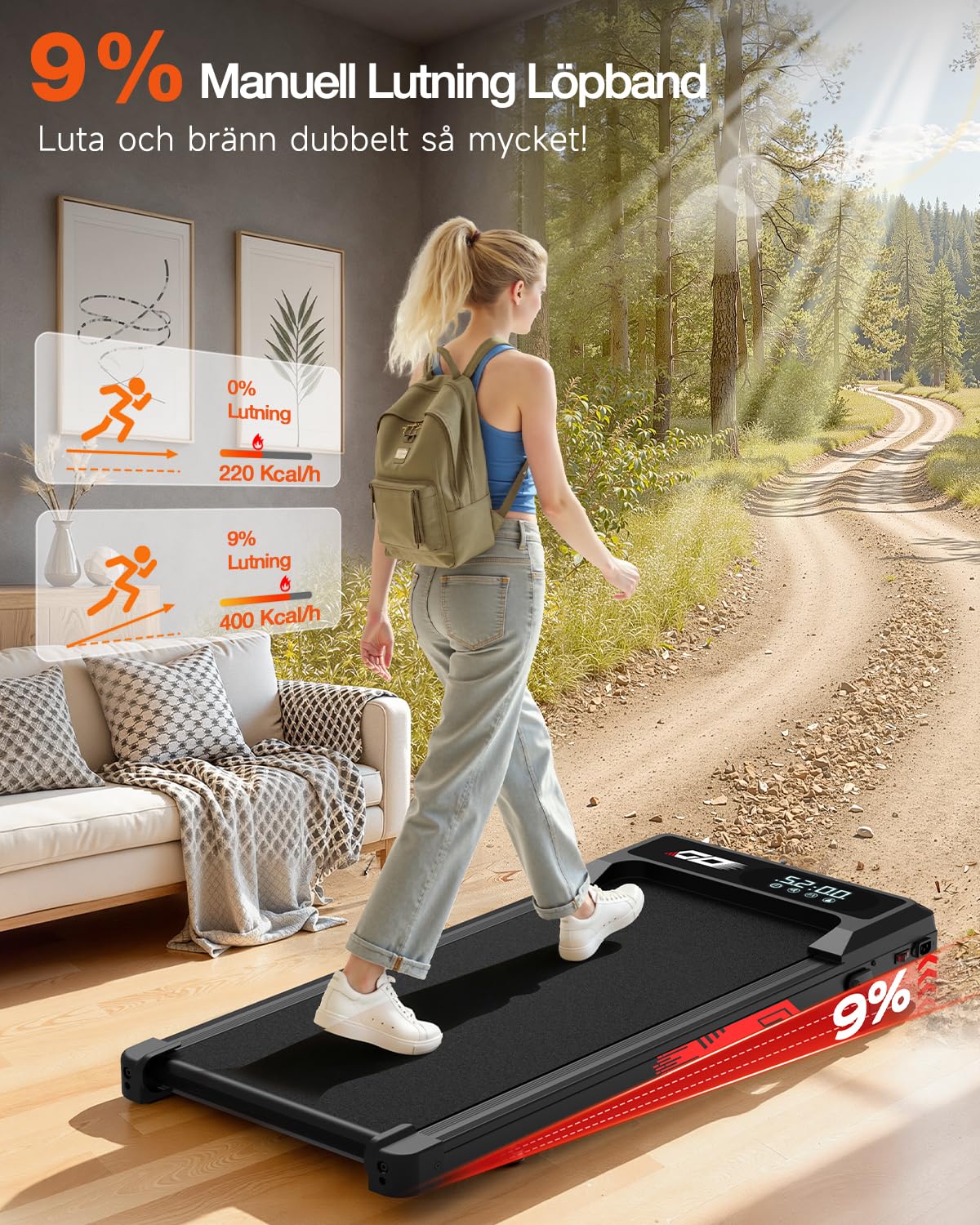Tapis de Course et de Marche 3 en 1 avec Pente 9%, Tapis Roulant Pliable 1-10 km/h, Walking Pad Électrique, Moteur sans Balais Silencieux 3,0 HP, 140 kg Max, Écran LED, Amorti