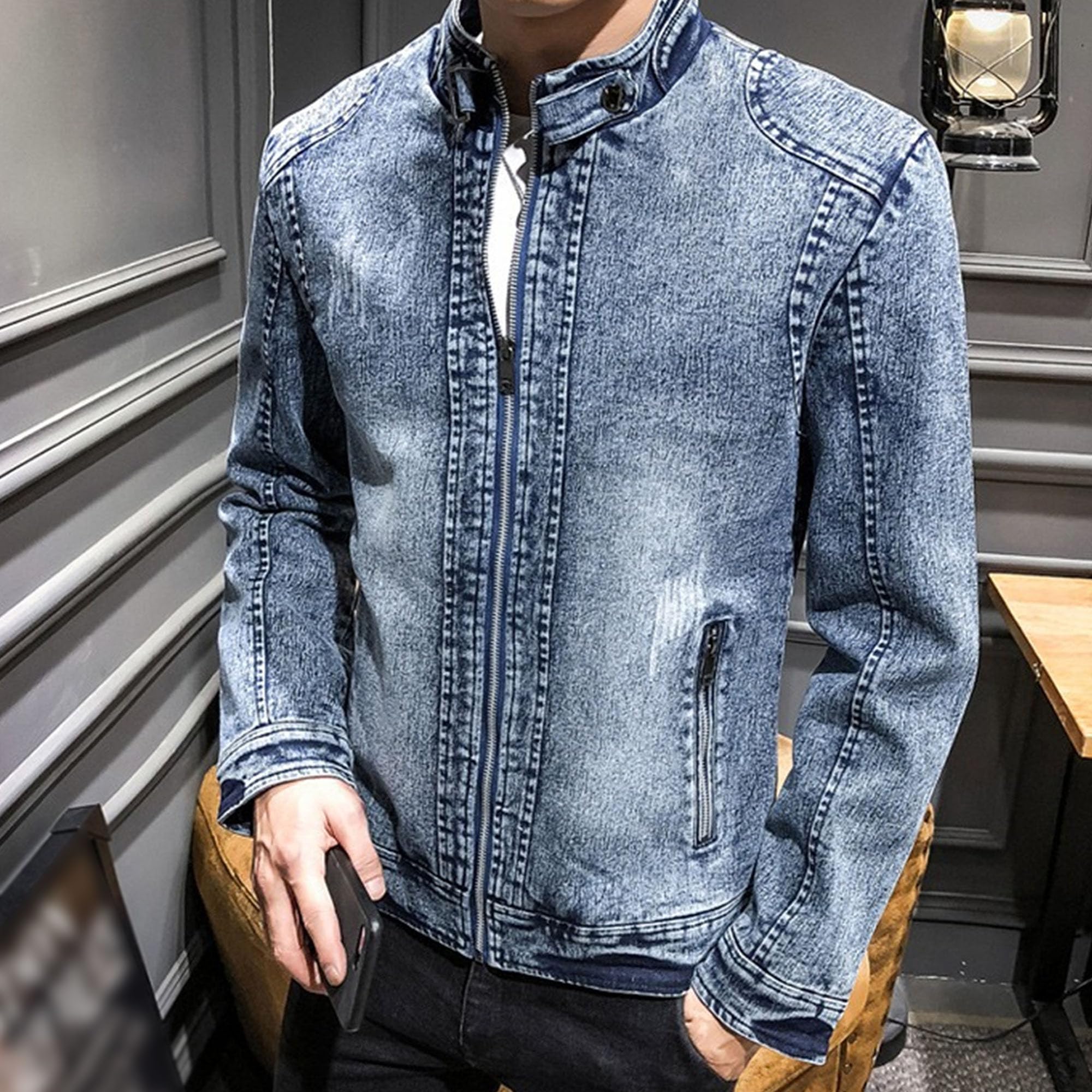 Veste de moto rétro en jean avec col montant et fermeture éclair intégrale