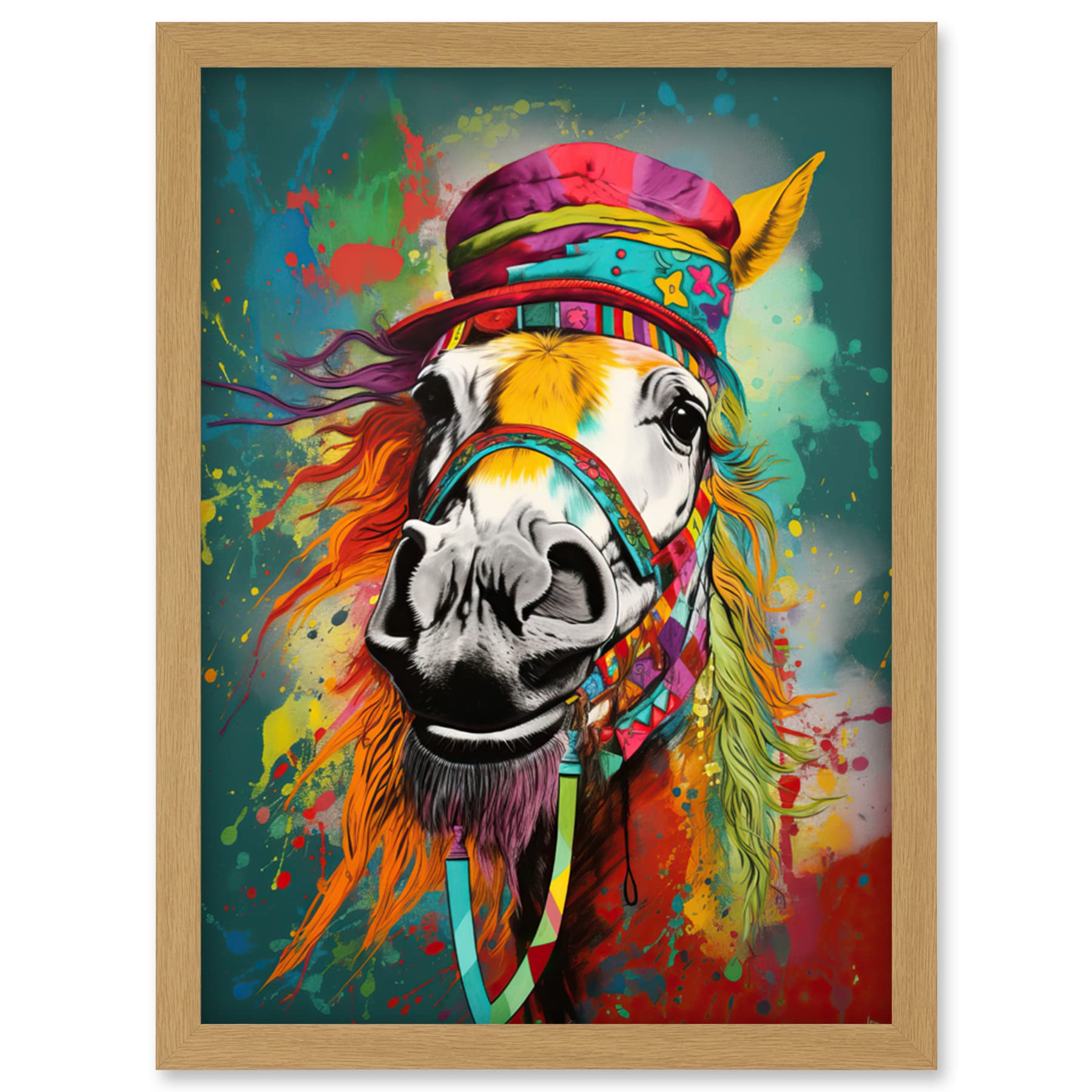 Artery8 Hippie Horse with Multicoloured Hat and Bridles Artwork Framed Wall Art Print A4