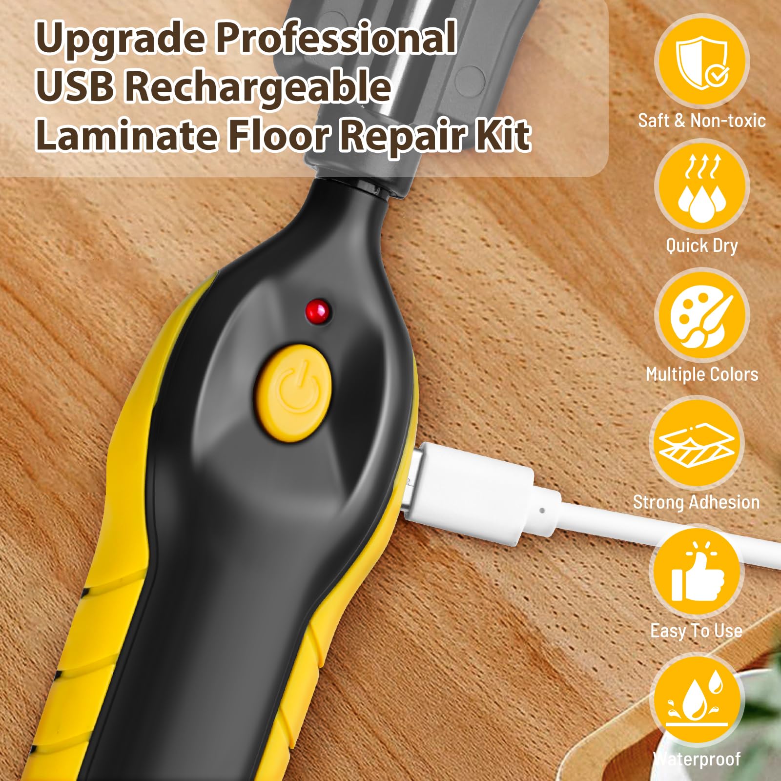 POFIBO Kit Reparation Parquet - Kit de Réparation pour Surfaces en Stratifié avec Cire Dure et Rechargeable USB Fondeur de Cire pour Meubles en Vinyle PVC, Parquet, Bois, Rayures, Fissures, Trous