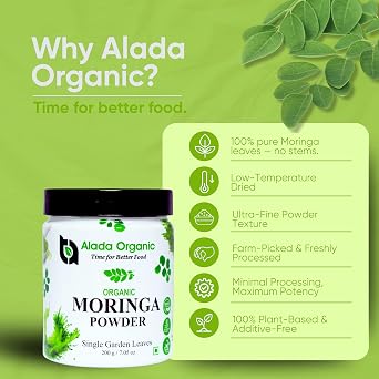 Moringa Powder Organic Certified Moringa Leaf Powder, Moringa Oleifera - Rich in Antioxidants and Immune Vitamin, Superfoods for Moringa Tea, Moringa Drink, India Grown, Vegan -7.05 OZ