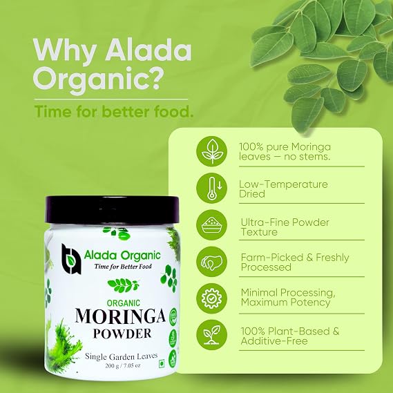 Moringa Powder Organic Certified Moringa Leaf Powder, Moringa Oleifera - Rich in Antioxidants and Immune Vitamin, Superfoods for Moringa Tea, Moringa Drink, India Grown, Vegan -7.05 OZ