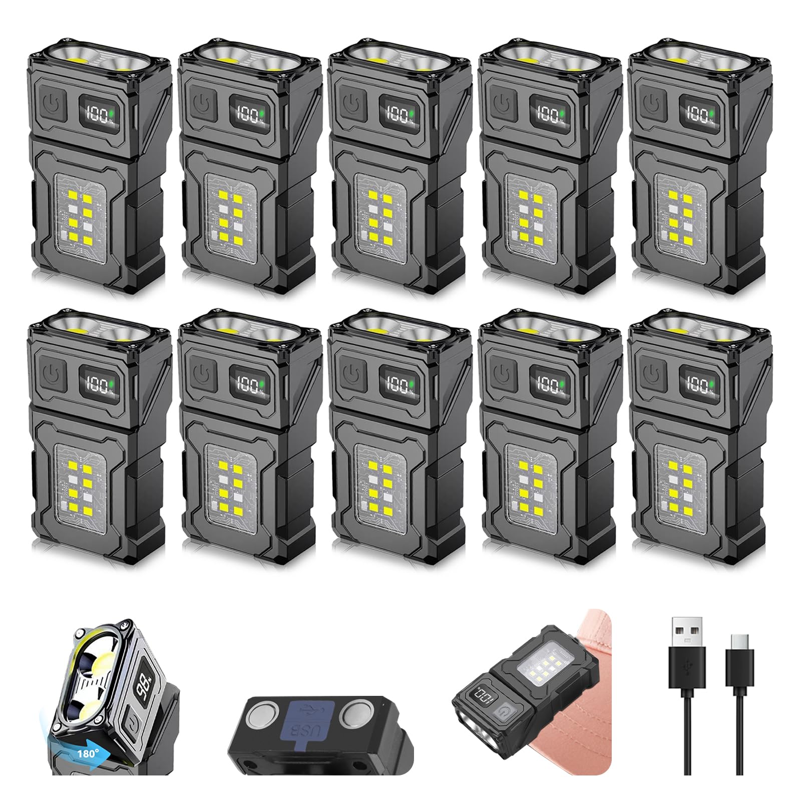 Confezione da 10 torce con clip a clip, ad alta luminosità, con base magnetica, ricarica USB-C, emergenza, attività all'aperto, campeggio, cane da passeggio