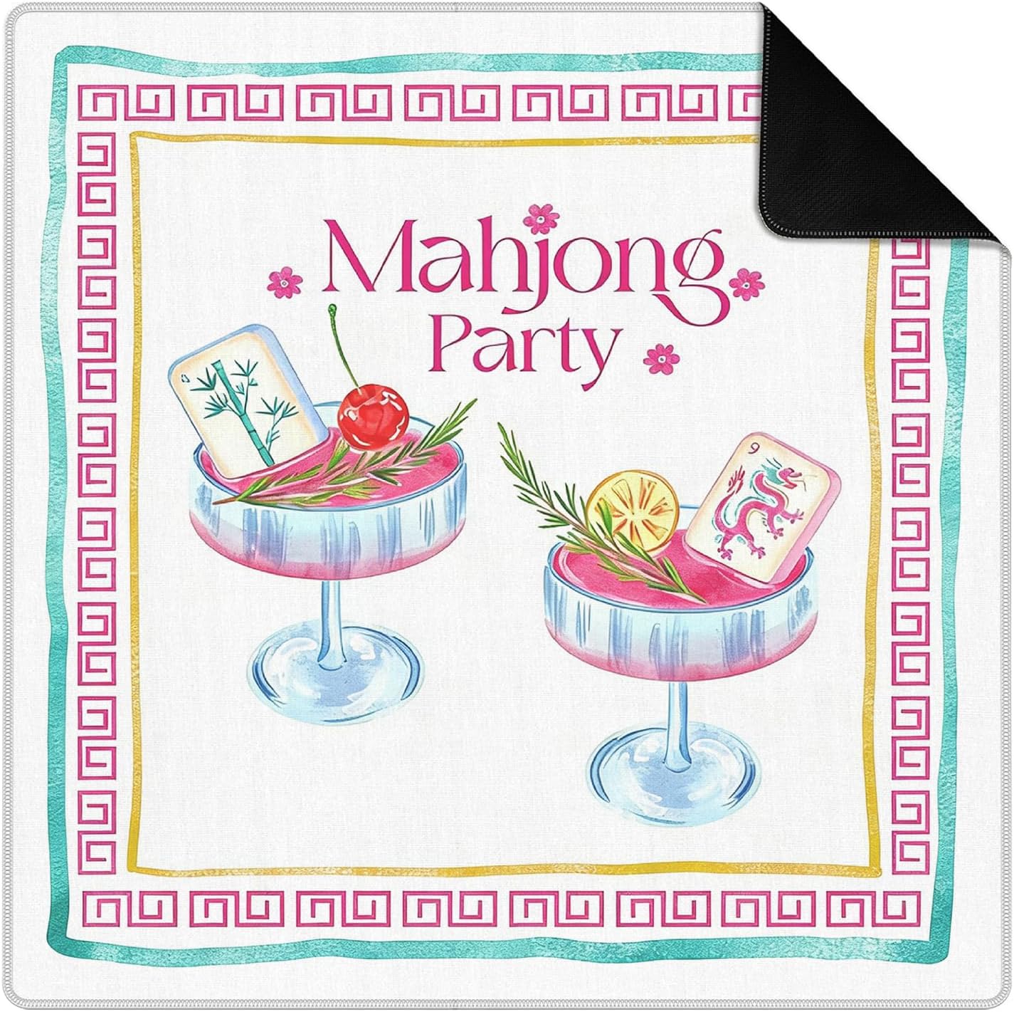 Pink and Blue Chinoiserie Cocktail Mahjong Mat for Table 31.5 x 31.5 in, Cocktail Lovers Gifts Non-Slip Noise Reduction Game Table Cover for American Mahjong Card Board Tile Games