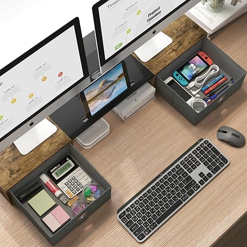 Miniatura 9 de WESTREE Soporte elevador de monitor doble con dos cajones, soporte de monitor de almacenamiento extra grande para 2 monitores, soporte de escritorio