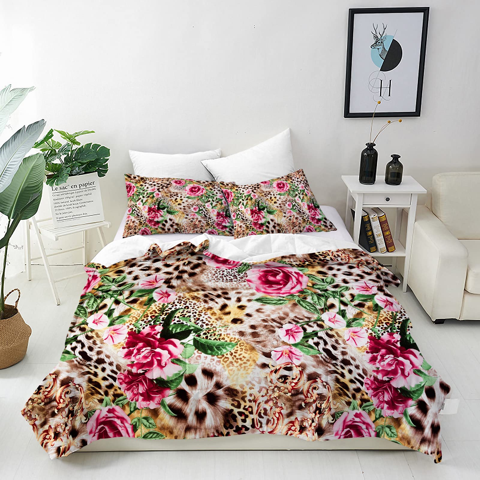 ANHOPE Leopard Duvet Cover Set Soft Comforter Cover Cheetah Stripe Flower Print Pattern 3 Piece Bedding Set with Pillowcase All Season Quilt Cover with Zipper for Kids Adults Super King Size โ image 1