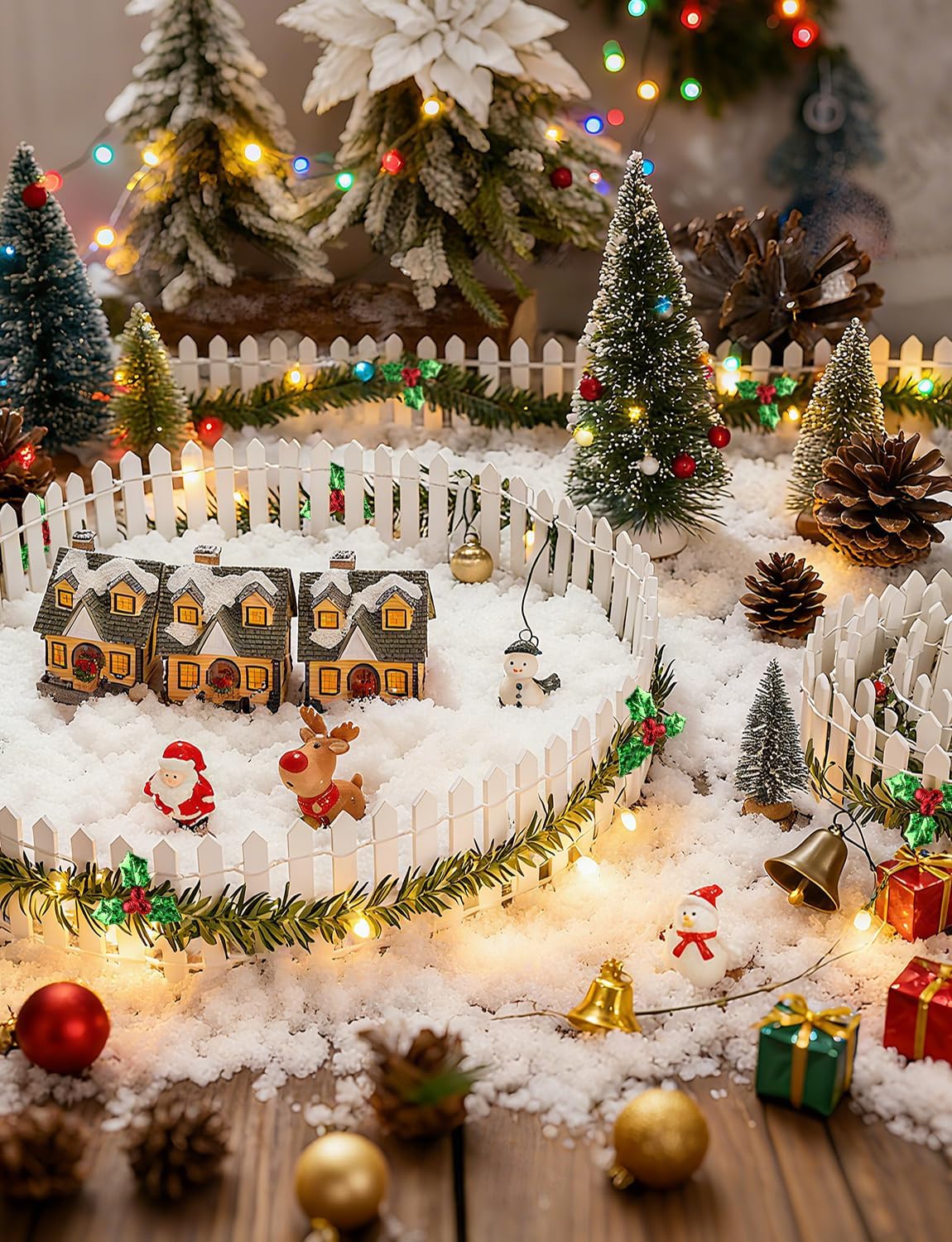 3 PCS 35 Inch Mini Christmas Garden Fence, White Miniature Fairy Garden Fence with Holly Leaves Mini Wood Picket Ornament Fence for Dollhouse Village Landscape Home Garden Plant image 4