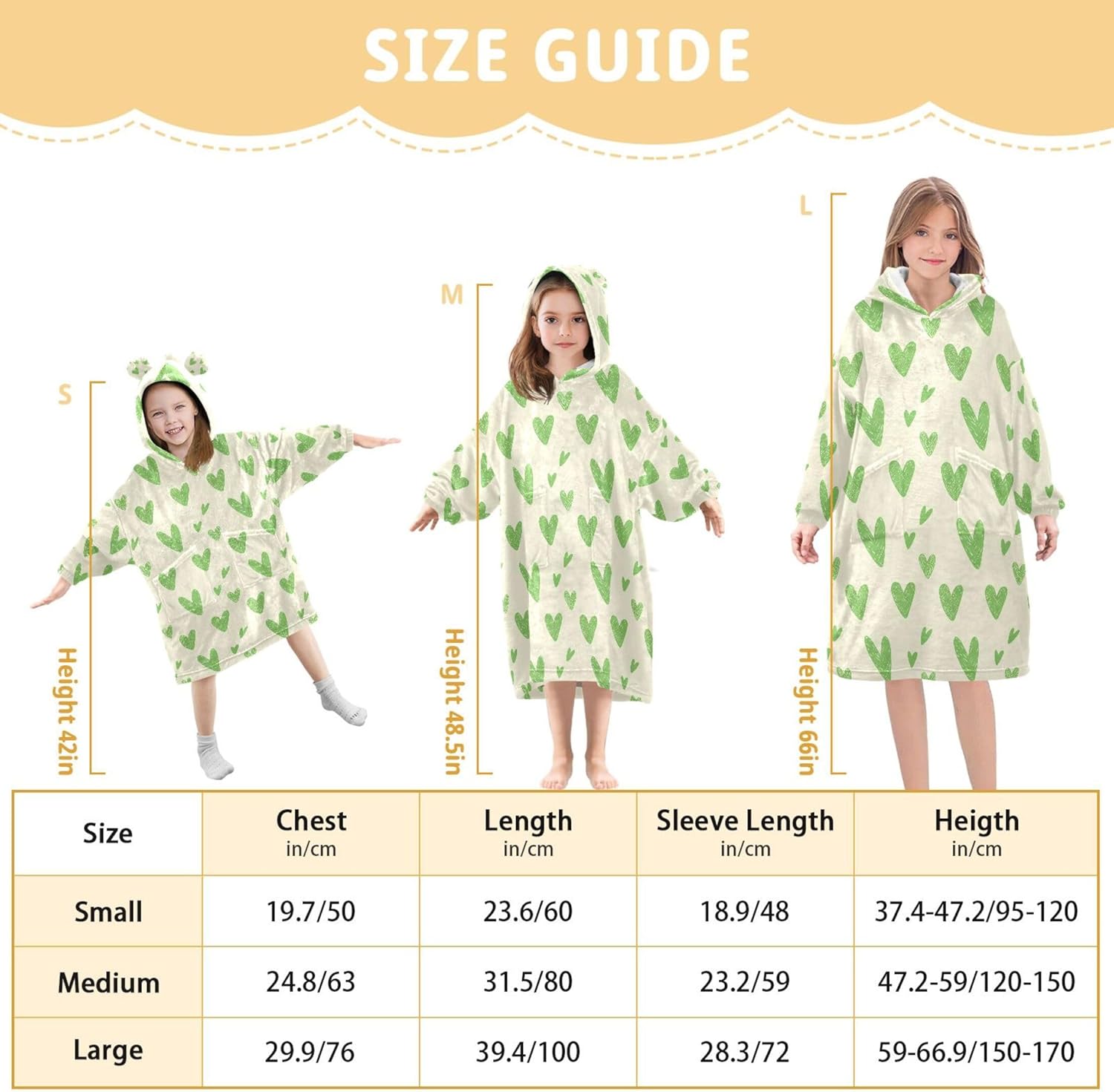 Green Love Kids Wearable Blanket Hoodie with Pocket and Sleeves for Toddlers, Cute Hoodies 3-14 Year Girls Boys