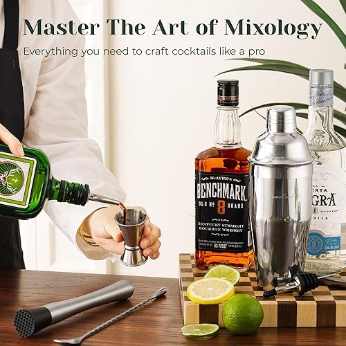 Miniatura 4 de Juego de coctelera, kit de camarero de bar de 24 piezas con soporte, coctelera de Martini, jigger, colador, cuchara mezcladora, mezclador,