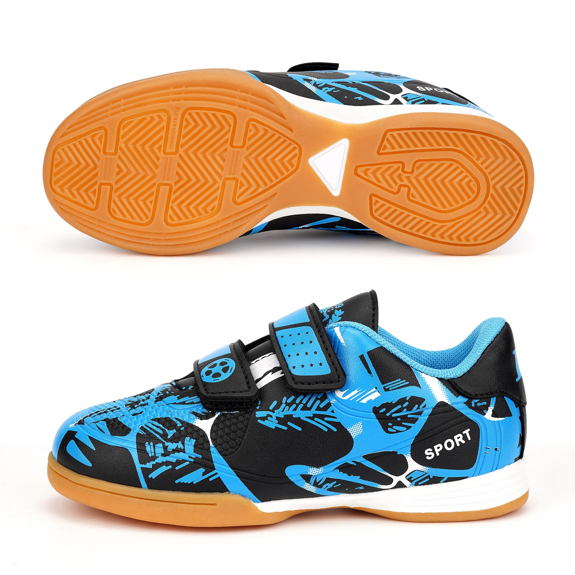 Linkidea Kids Laceless Indoor Soccer Shoes, Rubber Outsole Anti-Slip Sneaker, Futsal Training Cleats for Boys and Girls (Blue)