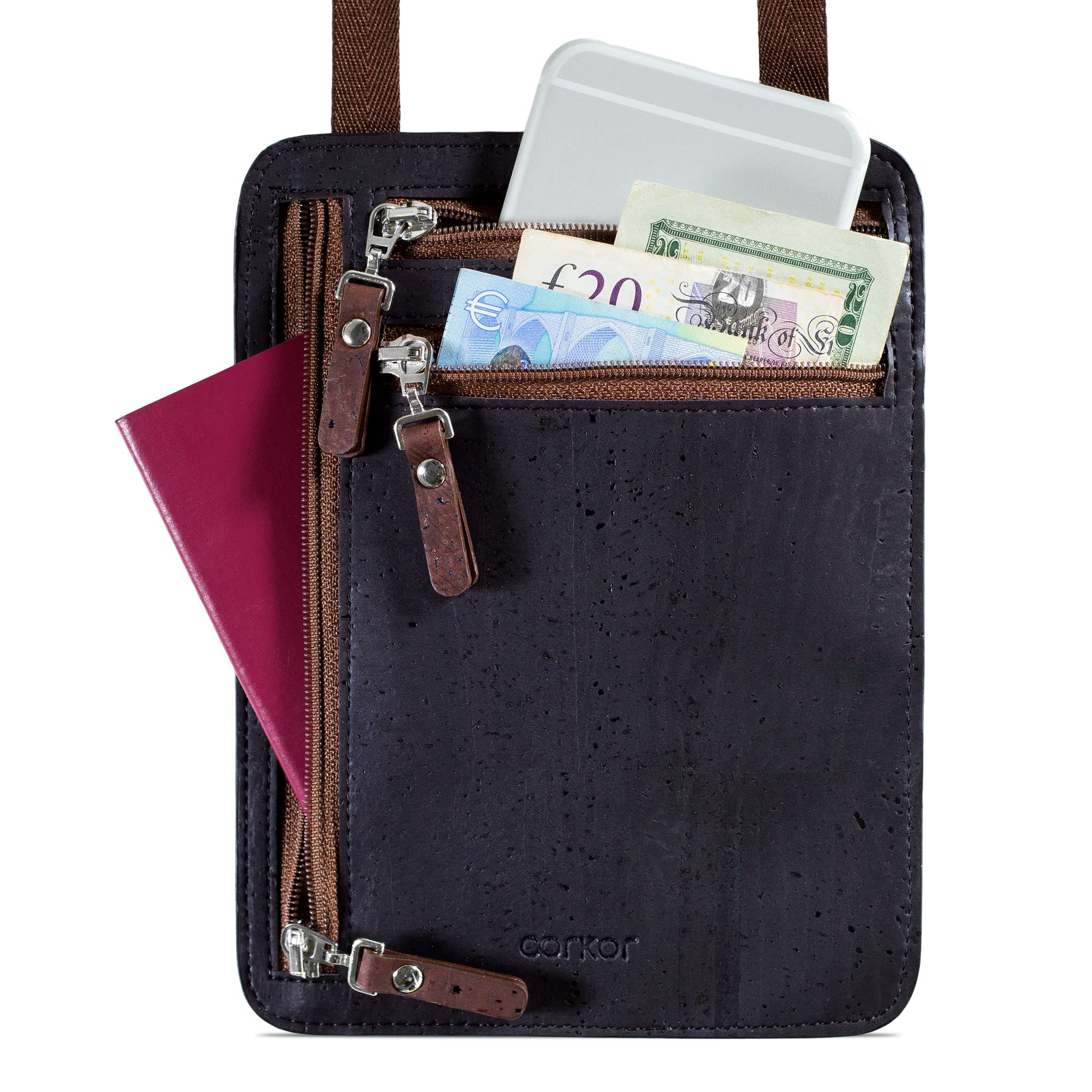 Corkor Portafoglio da viaggio in sughero, vegano, sottile, porta passaporto, blocco RFID, custodia da viaggio per proteggere contanti, carte di credito e documenti di viaggio, nero, Portafoglio Collo