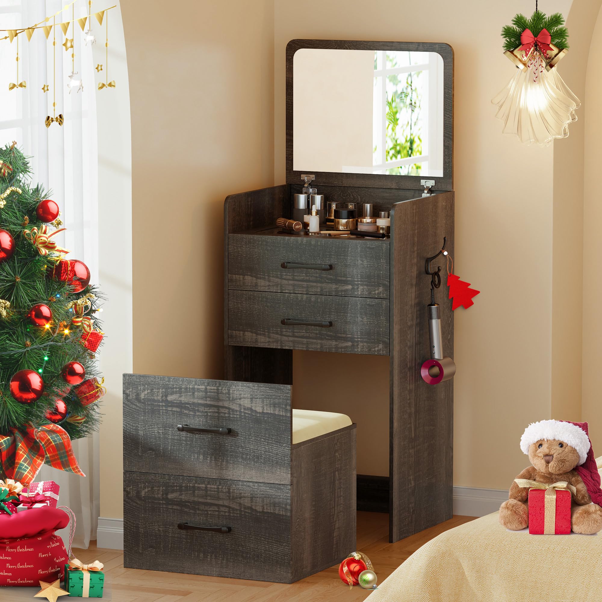 Gurexl 3 in 1 Vanity Desk with Flip Top Mirror,Small Make Up Vanity Set with Visible Glass Desktop,Compact Makeup Vanity with 3 Drawers,Cushioned