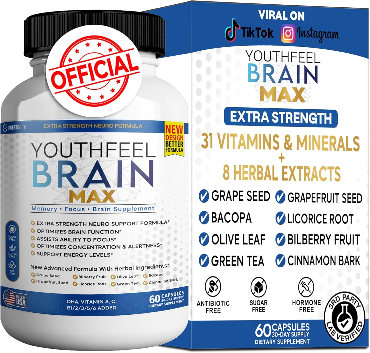 Youthfeel Brain Max Memory Support Supplement, 60 Capsules, Extra Strength Neuro Formula with Vitamins and Herbal Ingredients (1)