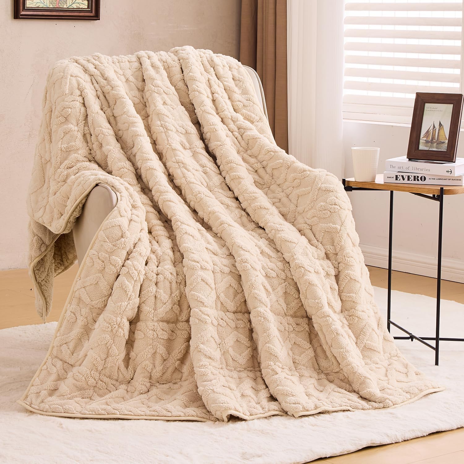 immtree Weighted Blanket for Adults Twin Size 15 lbs, Dual Sided Soft Fuzzy Jacquard Sherpa Weighted Blankets for Sleeping, Cozy Fluffy Knitted Heavy Blanket for Couch Bed,Khaki,48 x 72 inches