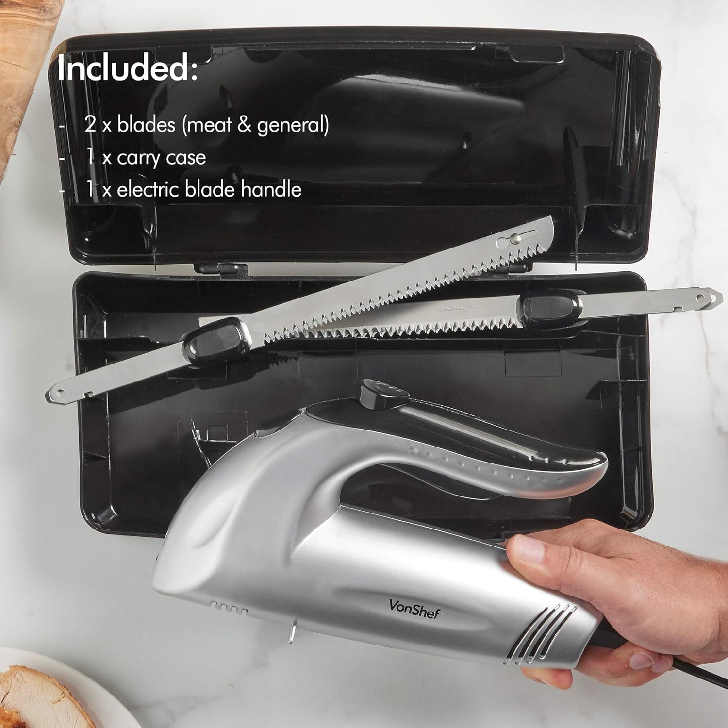 VonShef Electric Knife 10 Inch – Serrated Carving Knife Set with Storage Case – Interchangeable Stainless Steel Blades – For Turkey, Meat, Bread, Vegetables, Fruit - 150W: Home & Kitchen