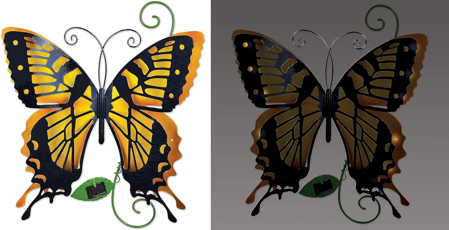 Sunset Vista Designs 94437 Outdoor Metal Sculpture Solar Lights Collection Hanging Yard and Garden Art for Fence or Wall, 17.32", Butterfly - Yellow