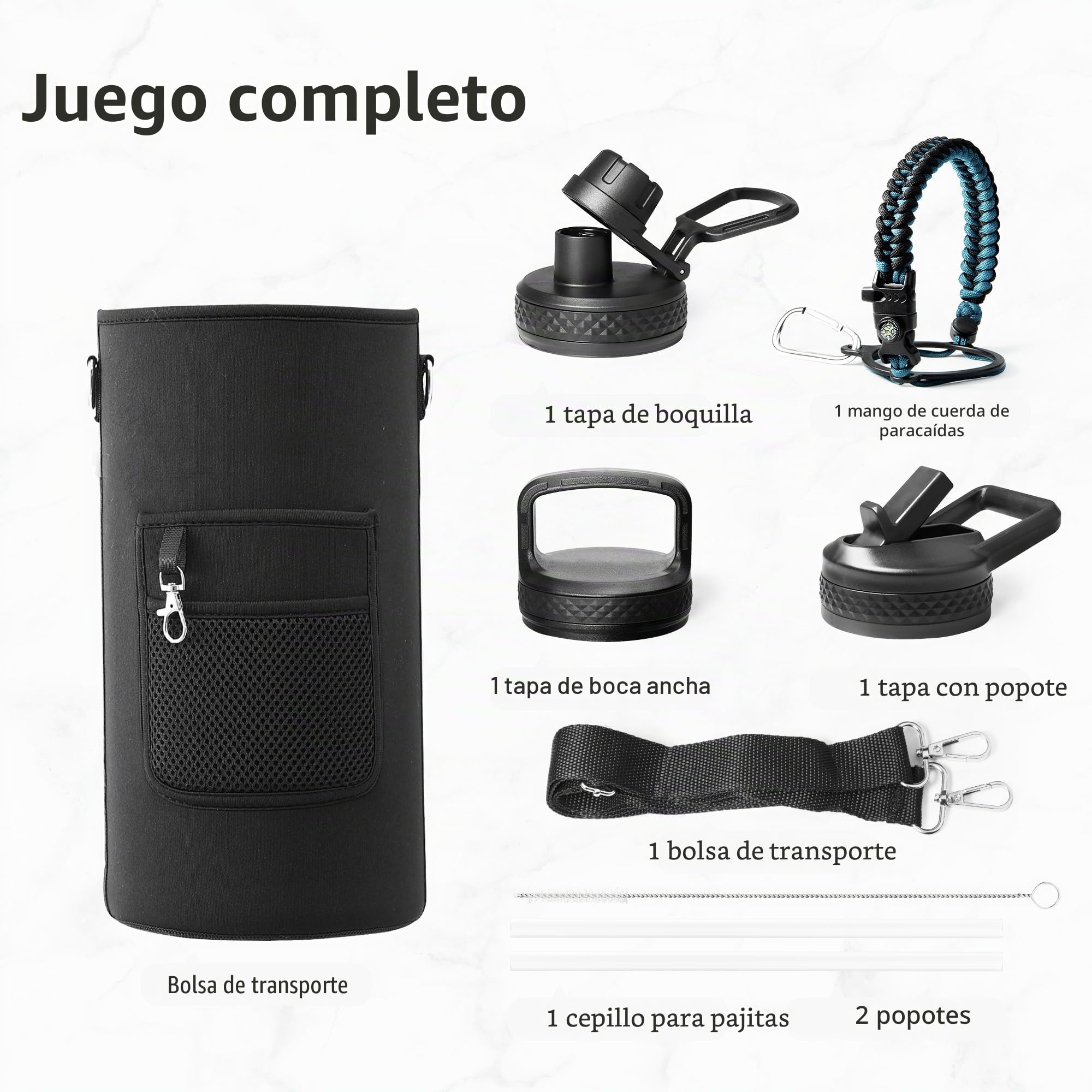 Trebo Botella de agua de 87 onzas con mango de paracaídas, de acero inoxidable al vacío de doble pared de grado alimenticio con tapas de mango de boquilla de pajilla, a prueba de fugas, mantiene frío