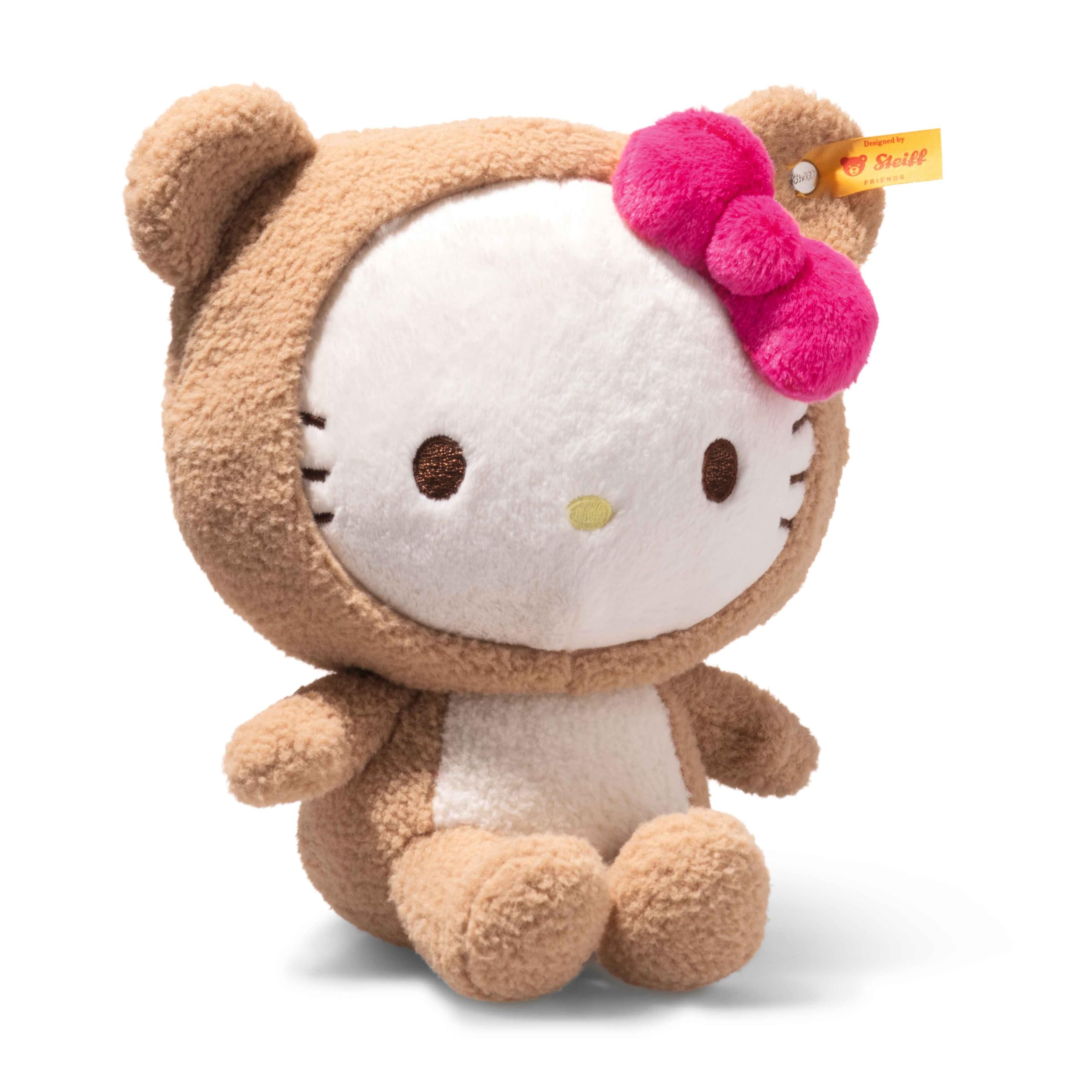 Steiff Hello Kitty w kostiumie pluszowego misia, 20 cm, przytulanka z miękkiego pluszu, odpinany kaptur, pluszowa zabawka, prezent dla dzieci i kolekcjonerów, można prać w pralce