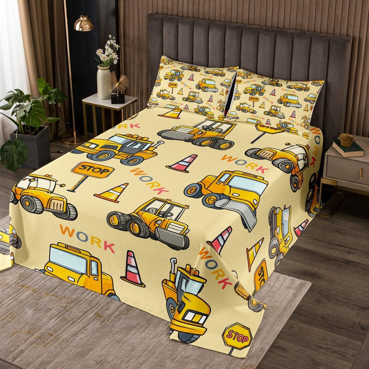 Homewish Cartoon Car Alphabet Bedspread Queen Size,Education Theme Bedding Set for Kids Boys Girls Room Decor,Construction Vehicle Quilt 3Pcs,Garbage Truck Tank Police Car Coverlet Set,2 Pillowcases