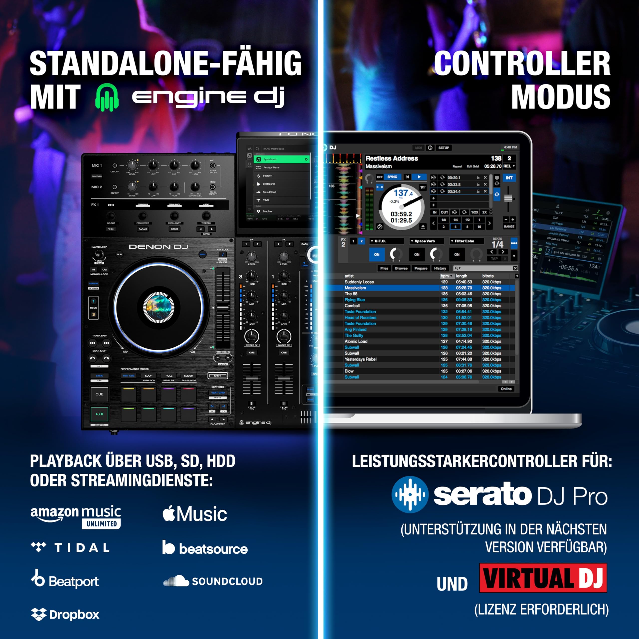 Denon DJ PRIME 4+ Standalone DJ-Controller mit Stem-Trennung auf 4 Decks, WLAN-Streaming, Drop Sampler Mixer, 10.1-Zoll Touchscreen, Beleuchtungssteuerung, Schwarz