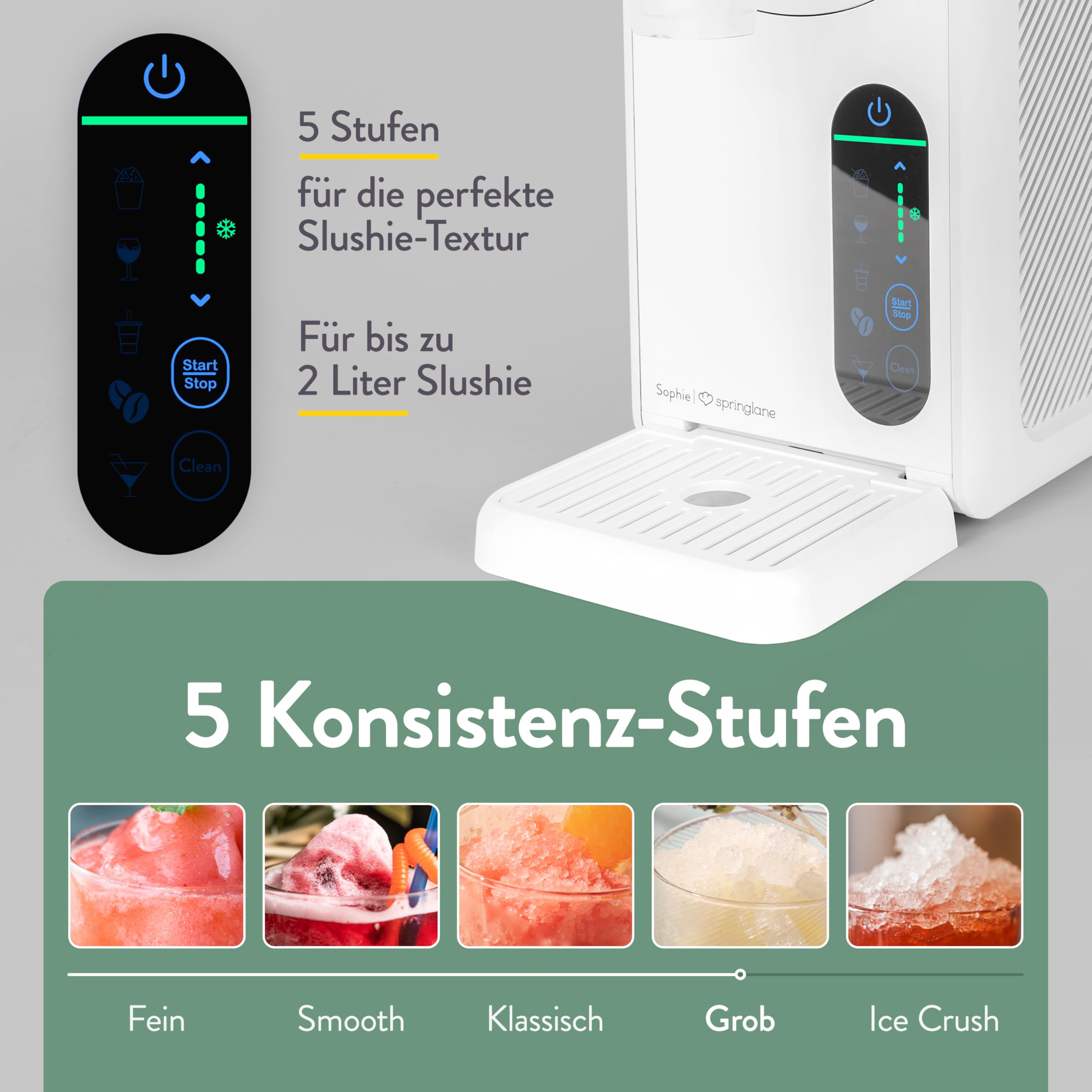 Springlane 2 Liter Slush Maschine inkl. Rezeptbuch, 5-in-1 Slushie Maschine für Slushies, Cocktails, Frappés, Milchshakes oder Weinslush, einstellbare Konsistenz & Selbstreinigung - Weiß