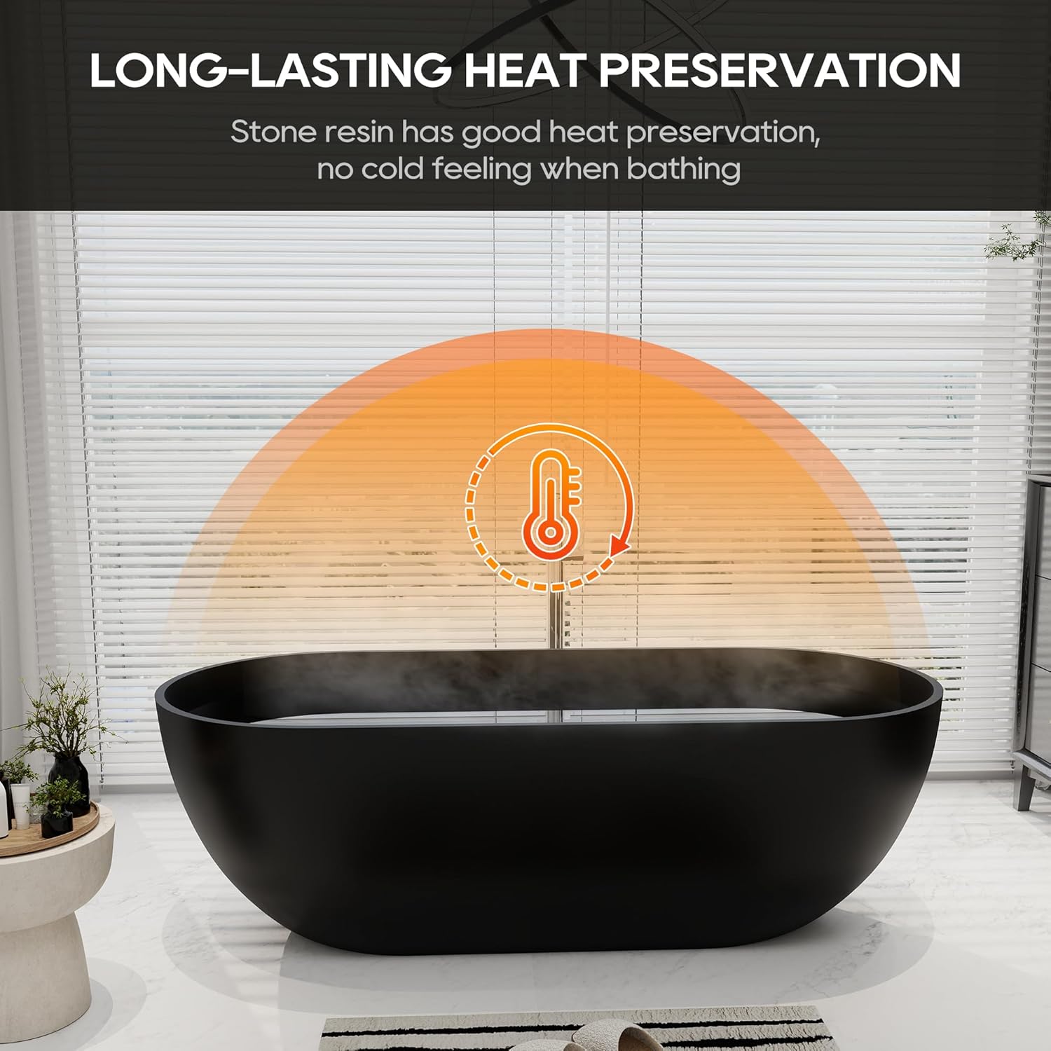 SJ STAR&JANE 69" Solid Surface Freestanding Bathtub Oval Stone Resin Soaking Tub Modern Stand Alone Tub with Overflow & Pop-up Drain, Matte Black for Bathrooms