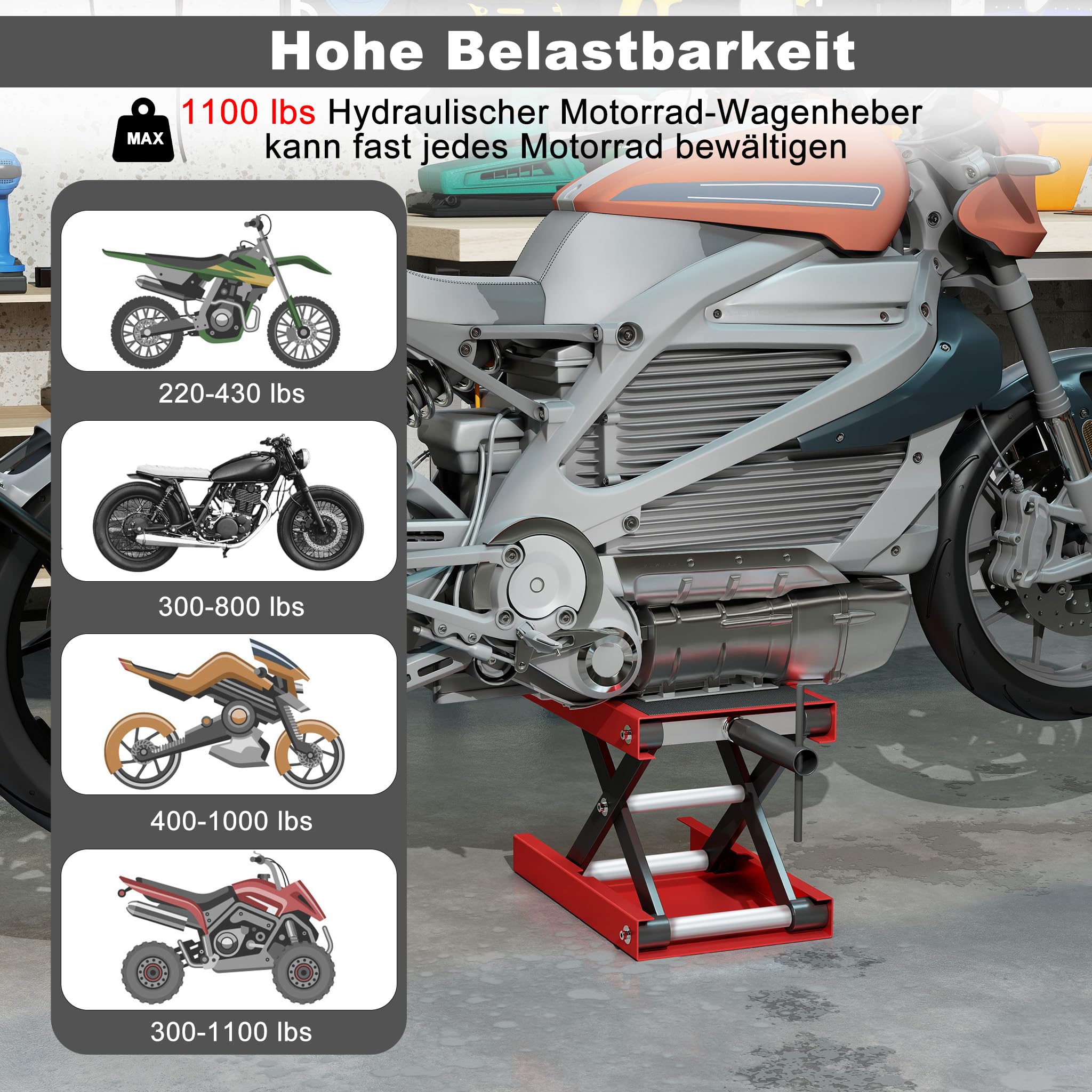 XMTECH Podnośnik do motocykli, 500 kg, podnośnik nożycowy z regulacją wysokości 95-340 mm, z szerokim pokładem i korbą, stojak środkowy do naprawy i konserwacji motocykli, wytrzymały i wytrzymały