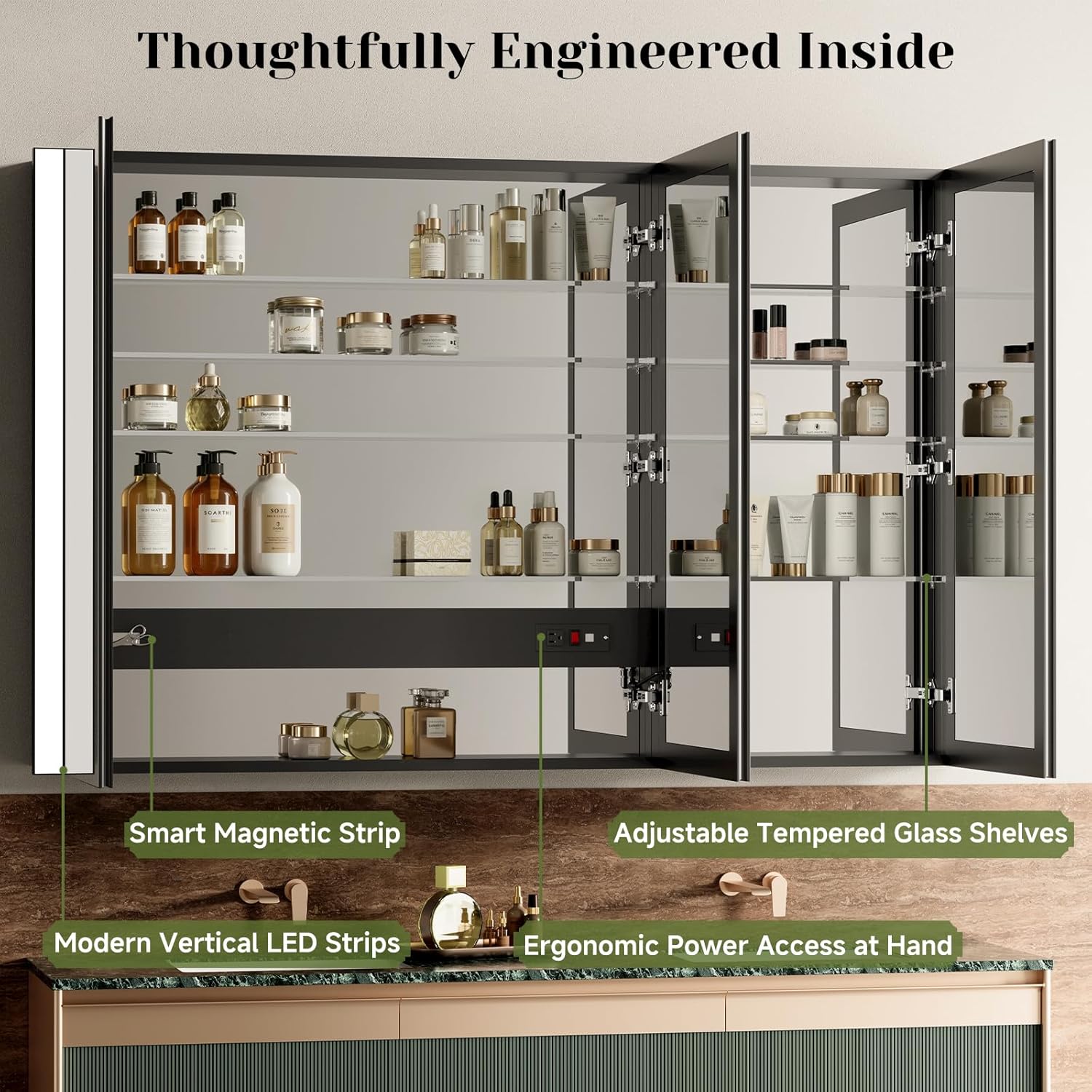 64x40 Inch Lighted Medicine Cabinet with Mirror, Recessed Medicine Cabinet Mirror with Sleek Vertical LED Lights, Luxury LED Bathroom Mirror with Lower Outlet & USB, Large Storage, 4 Shelves