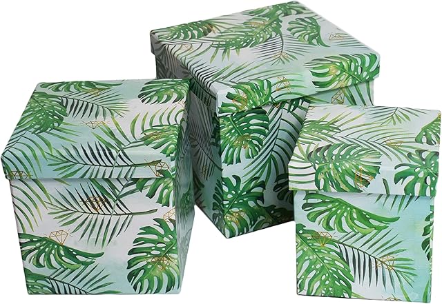 ALEF Elegant Decorative Themed Nesting Gift Boxes -3 Boxes- Nesting Boxes Beautifully Themed and Decorated! (Sq Leaf Pattern)