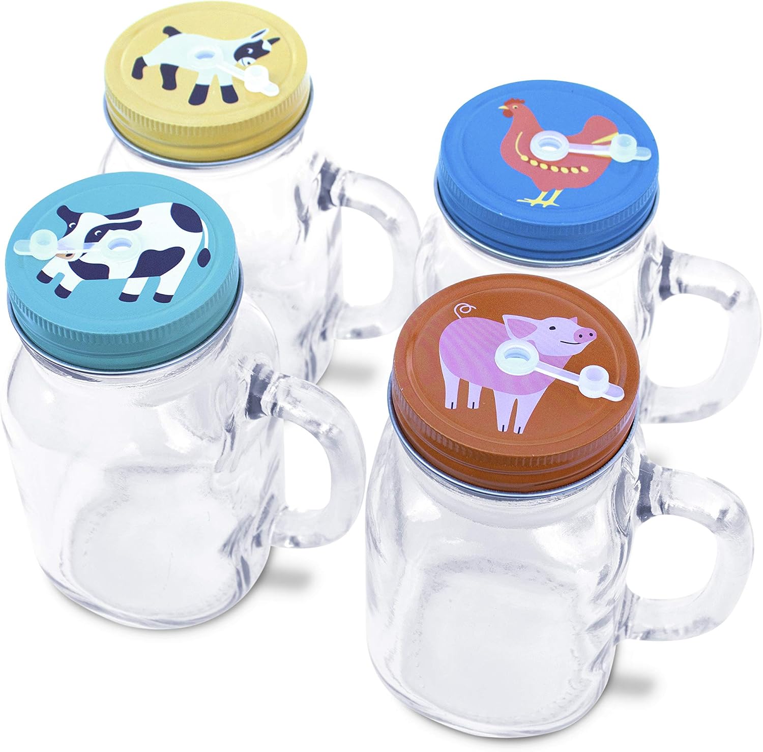 23 Bees 4 x 20oz Mason Jar Mugs with Handles, Lids, Reusable Straws, Farm Animal Stainless Steel Lids and Straws, Glass Drinking Cup Regular Mouth, BPA Free, Food Grade, Dishwasher Safe